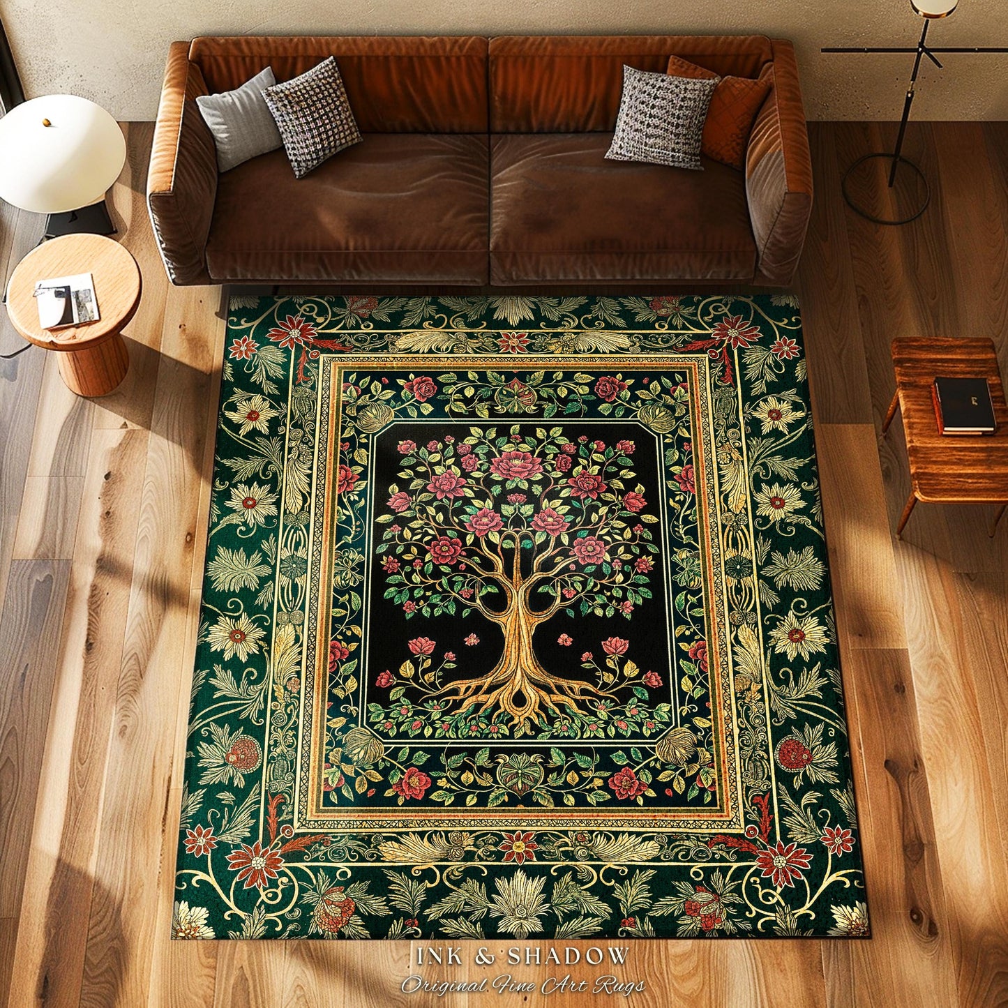 Floral Victorian Garden Tree Rug | Baroque Floral Design Folk Art Inspired Medieval Botanical Decor Romantic Rococo Cottagecore Accent Rug |