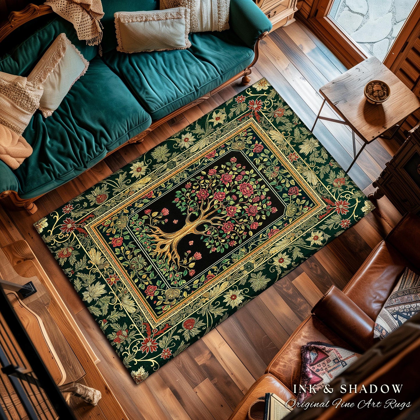Floral Victorian Garden Tree Rug | Baroque Floral Design Folk Art Inspired Medieval Botanical Decor Romantic Rococo Cottagecore Accent Rug |