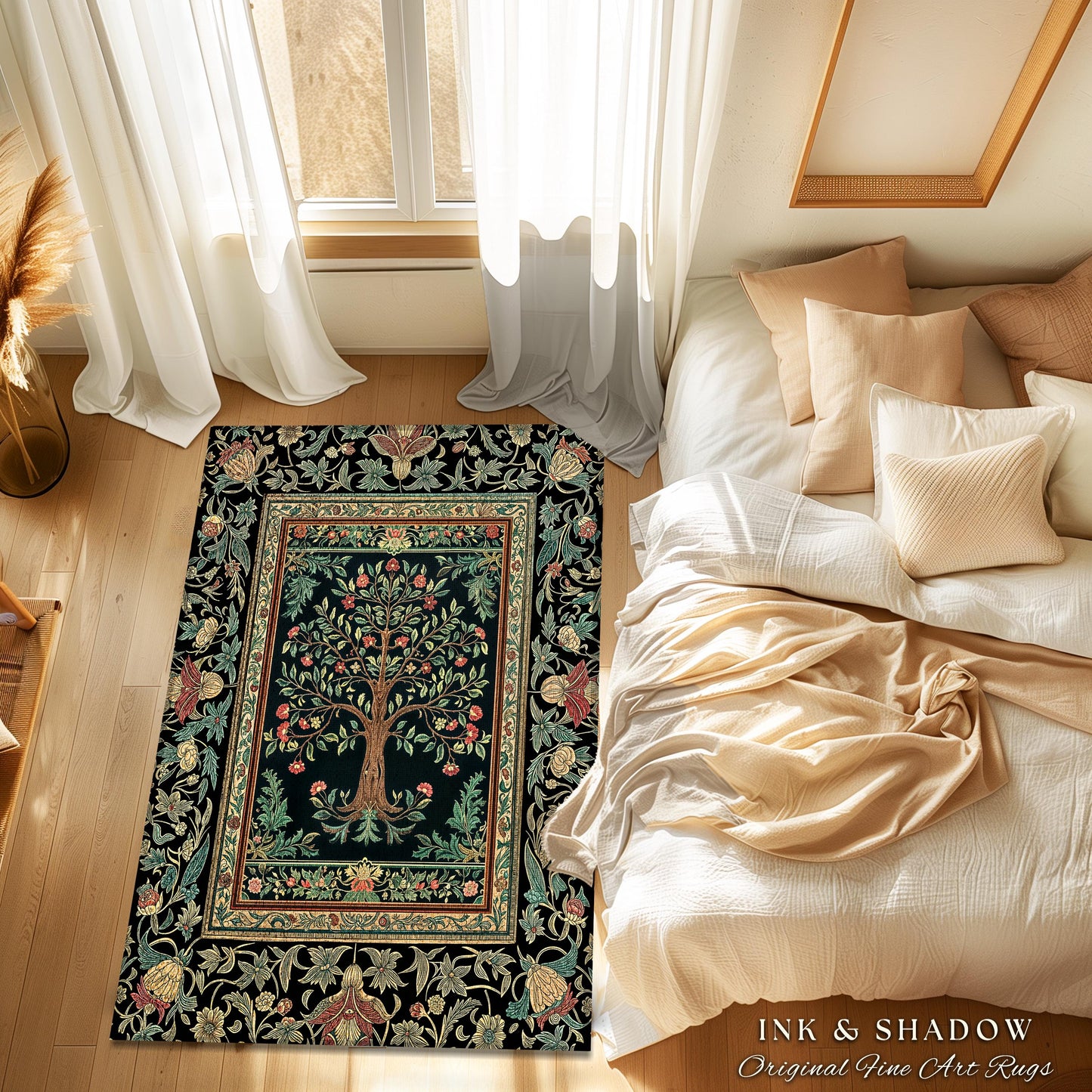 Medieval Folk Art Dark Floral Rug | Ornate Tree of Life Morris Style Fairytale Folklore Cottagecore Botanical Bedroom Decor Jewel Tones |
