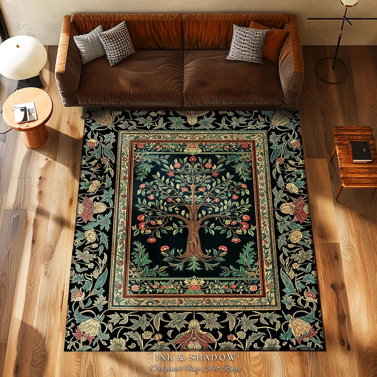 Medieval Folk Art Dark Floral Rug | Ornate Tree of Life Morris Style Fairytale Folklore Cottagecore Botanical Bedroom Decor Jewel Tones |