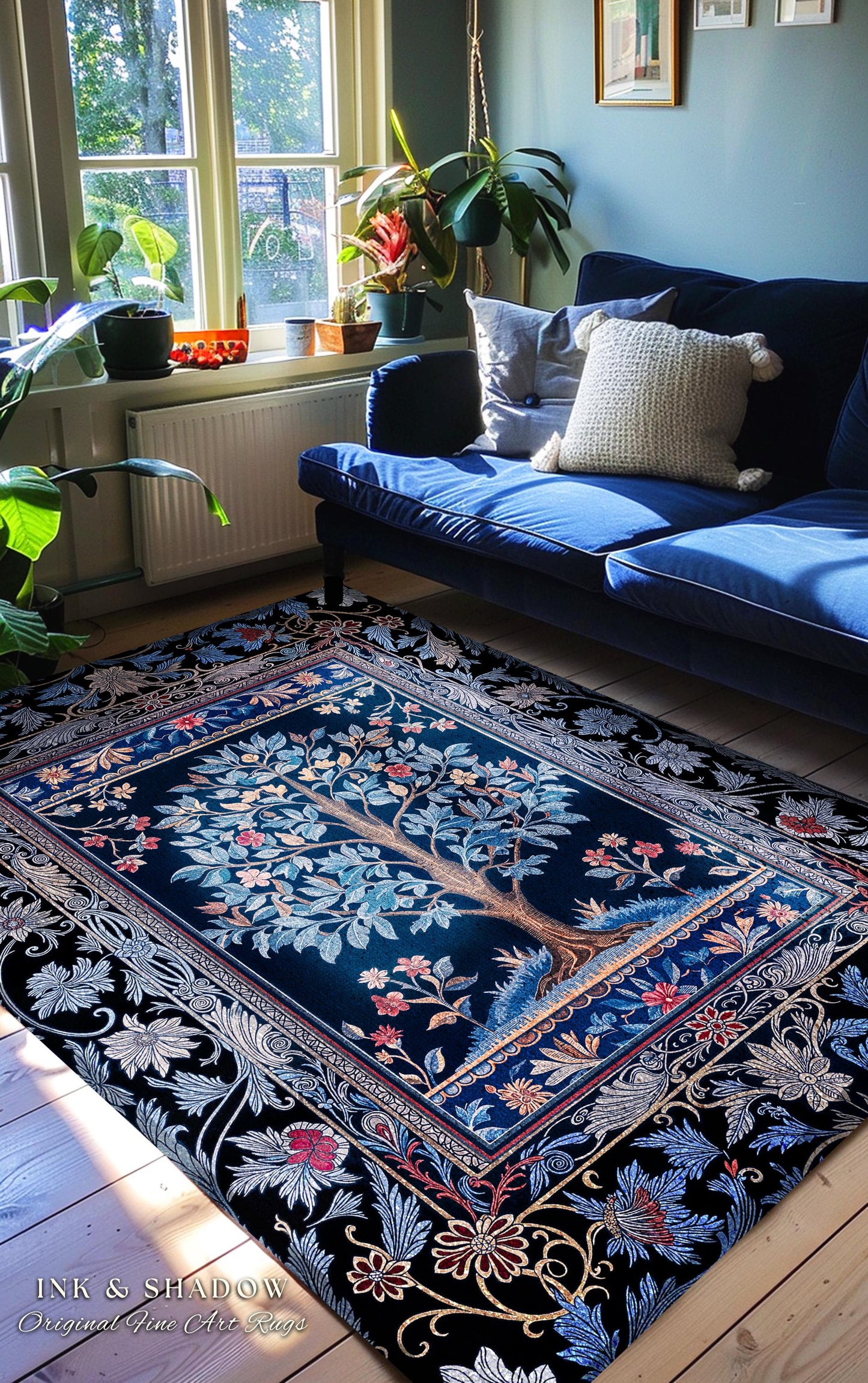 Dark Woodland Rich Baroque Tree of Life Rug | Intricate Garden Decor Romantic Baroque Floral Accent Morris Inspired Woodland Folk Art Style
