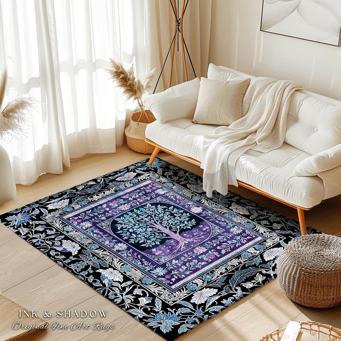 Icy Blue Pastel Gothic Tree Area Rug | Dark Academia Home Accent Romantic Botanical Vintage Floral Maximalist Cottagecore Decor Style Gothic