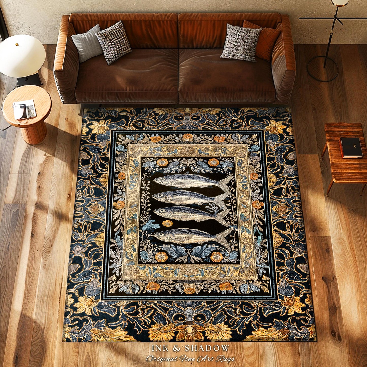 Art Nouveau Nautical Sea Life Area Rug | Whimsical Ocean Sardine Fish Rug Coastal Dark Academia Rustic Cottagecore Beach Home Decor Ornate |