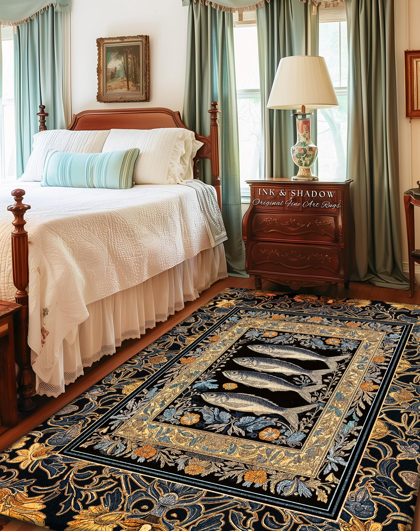 Art Nouveau Nautical Sea Life Area Rug | Whimsical Ocean Sardine Fish Rug Coastal Dark Academia Rustic Cottagecore Beach Home Decor Ornate |