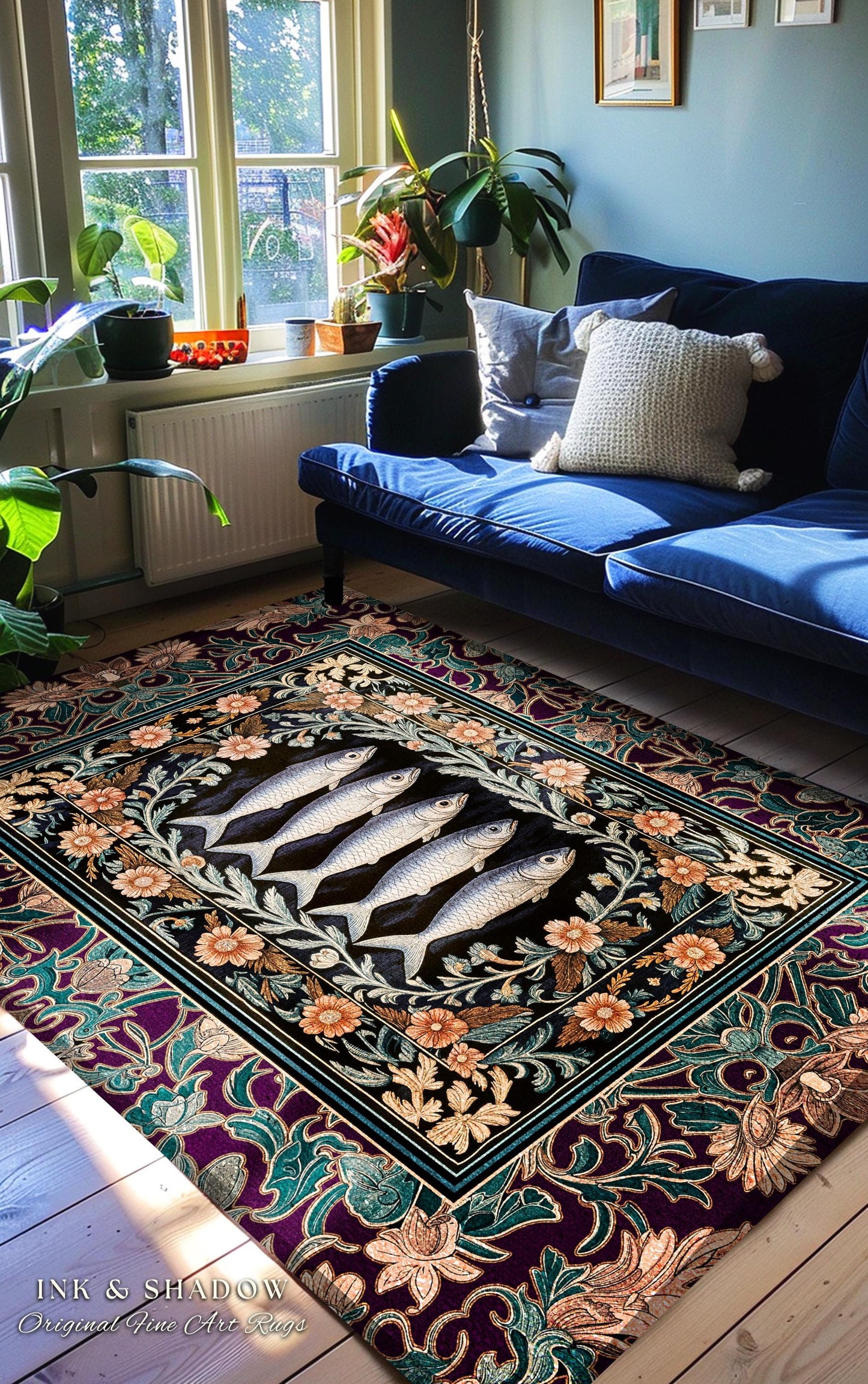 Baroque Ocean Fish Sardine Art Rug | Ornate Coastal Surf Floral Cottagecore Dark Nautical Academia Vintage Marine Sea Life Home Accent Boho