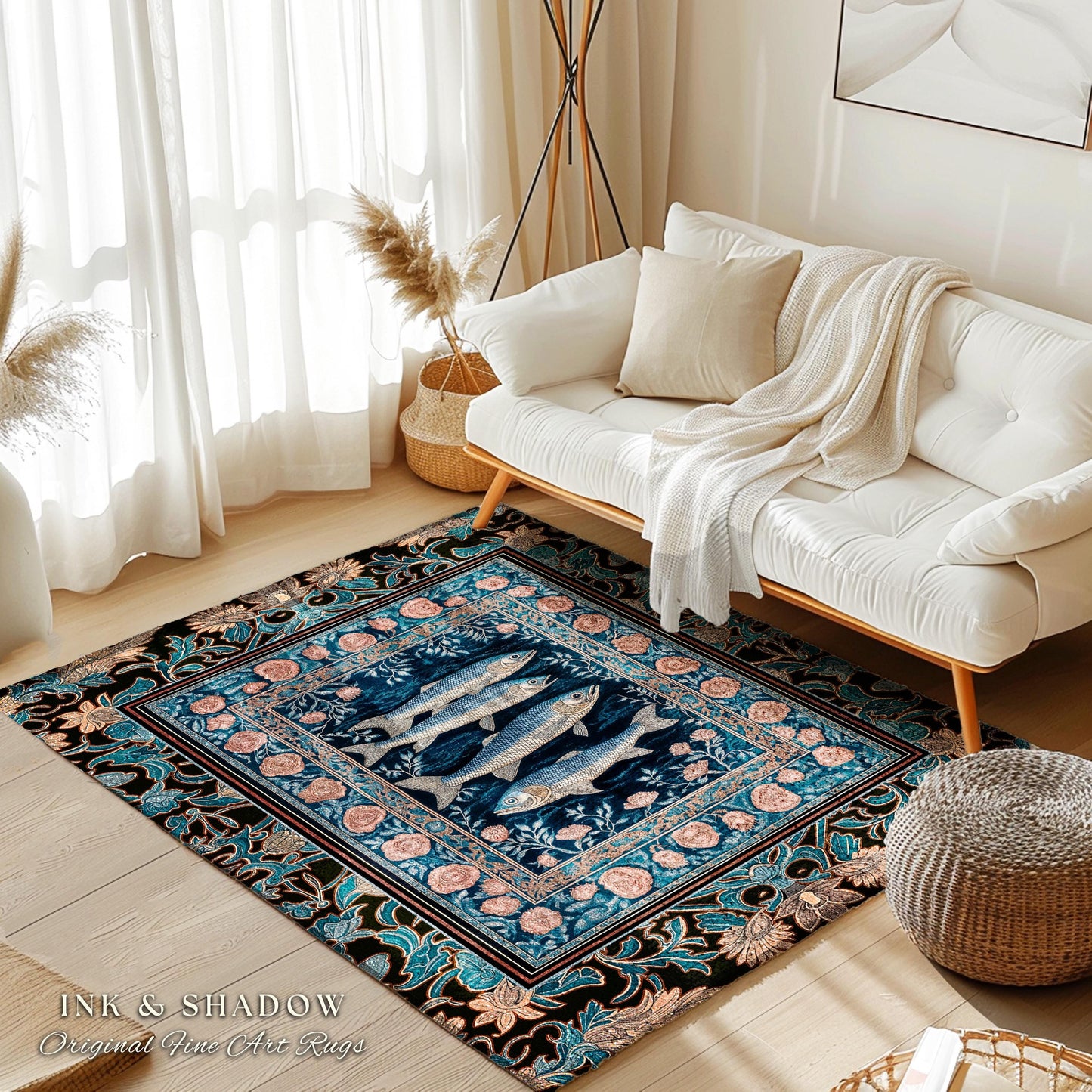 Marine Life Nautical Area Rug | Mystic Gothic Fish Art Beach Cottage Decor Coastal Ocean Rustic Academia Dark Sea Life Home Accent Beachy
