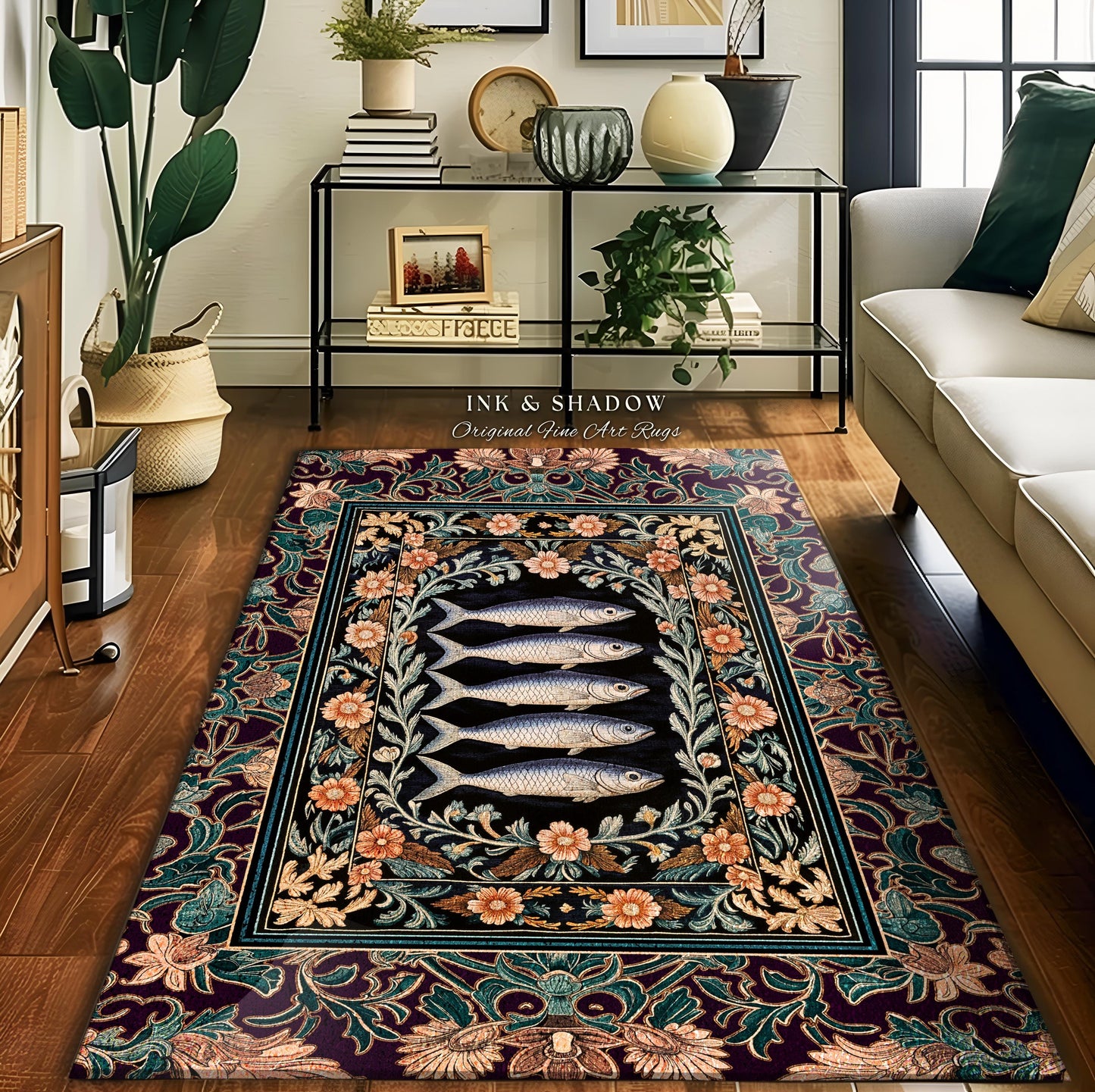 Baroque Ocean Fish Sardine Art Rug | Ornate Coastal Surf Floral Cottagecore Dark Nautical Academia Vintage Marine Sea Life Home Accent Boho