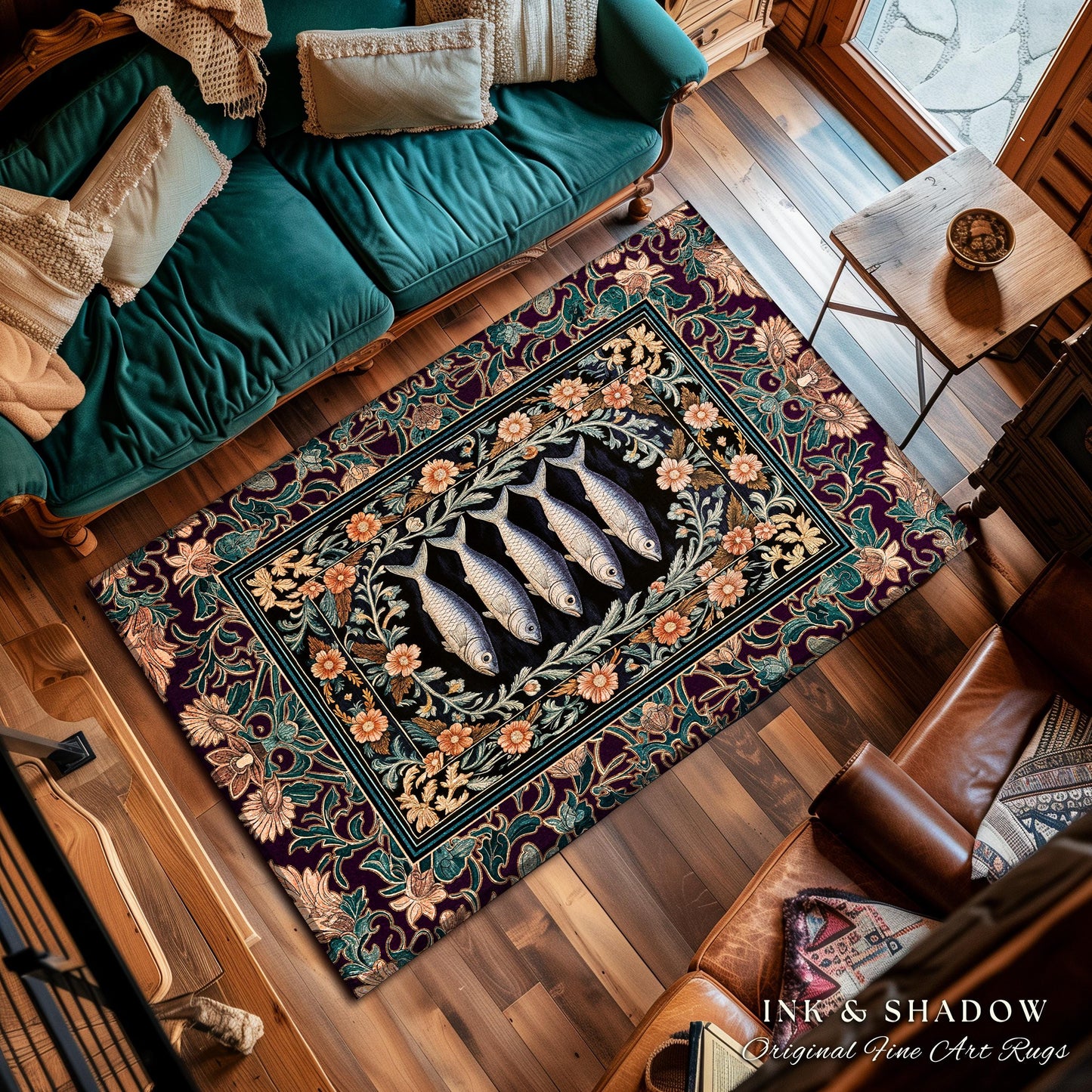 Baroque Ocean Fish Sardine Art Rug | Ornate Coastal Surf Floral Cottagecore Dark Nautical Academia Vintage Marine Sea Life Home Accent Boho