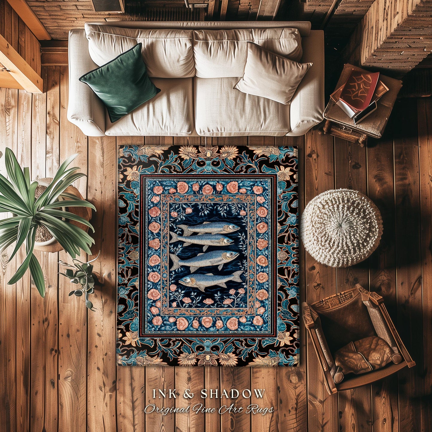 Marine Life Nautical Area Rug | Mystic Gothic Fish Art Beach Cottage Decor Coastal Ocean Rustic Academia Dark Sea Life Home Accent Beachy
