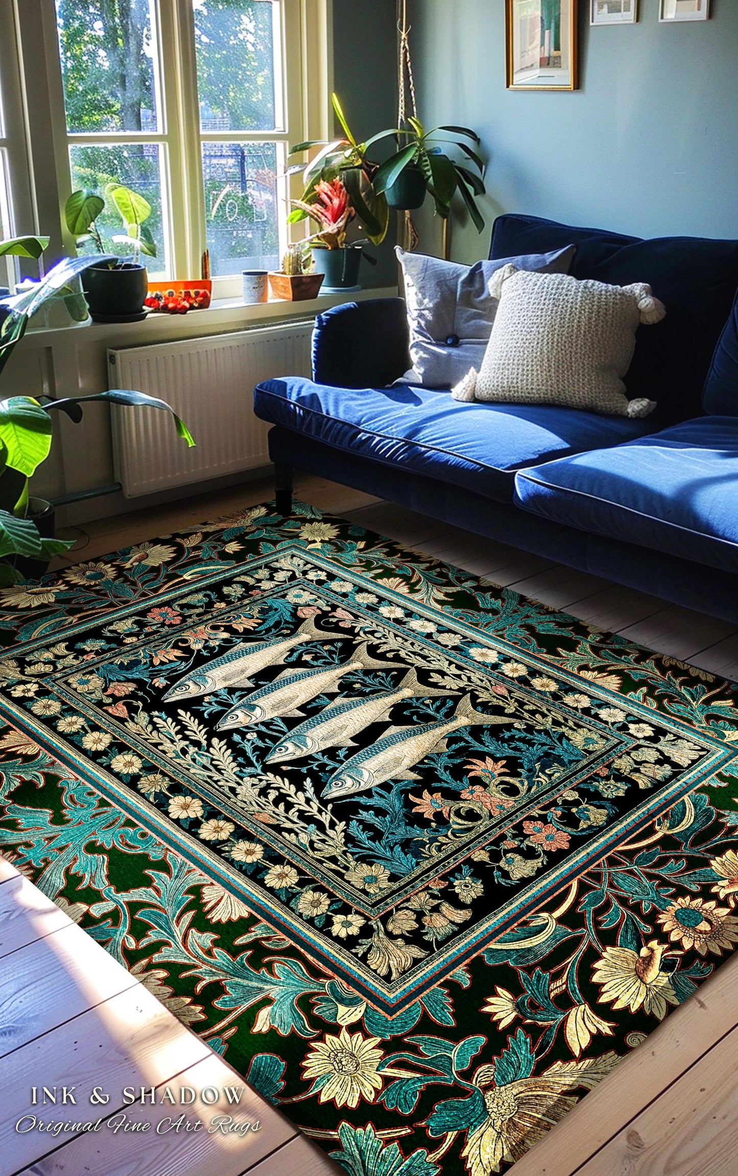 Dark Academia Fish Area Rug | Coastal Enchanted Marine Sardine Art Decor Vintage Nautical Whimsigothic Beach Cottagecore Rustic Home Accent