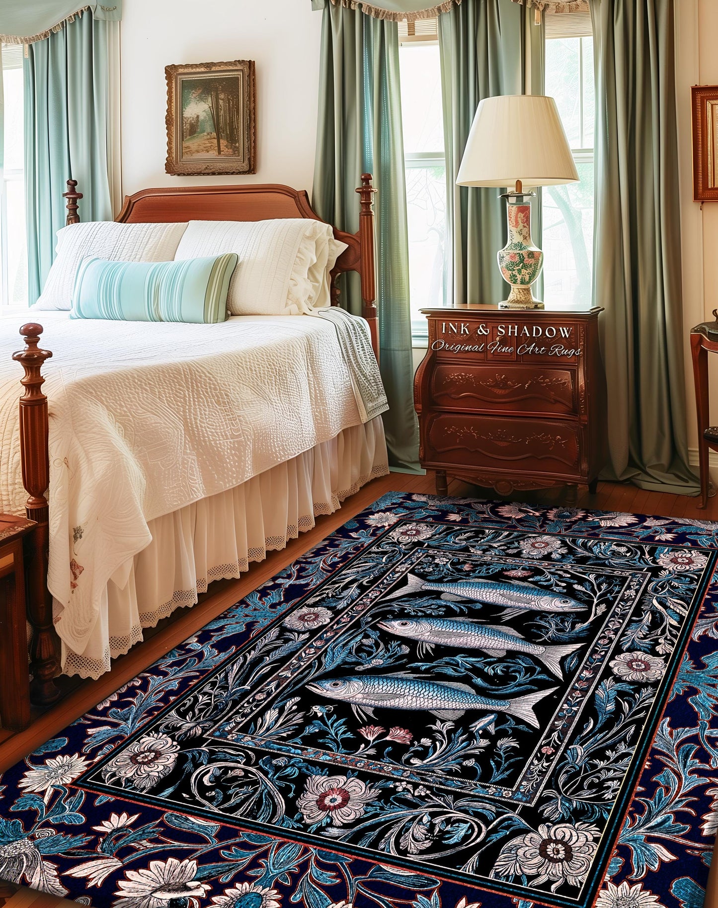 Scandi Nautical Sardine Art Area Rug | Dark Academia Marine Ocean Fish Decor Coastal Nordic Beach Home Rustic Sea Cottagecore Home Accent |