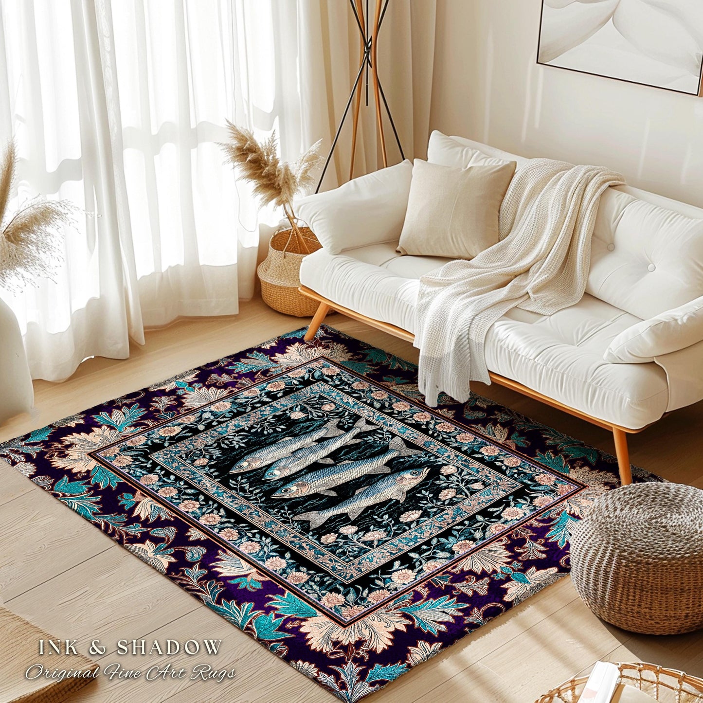 Marine Folklore Ornate Accent Rug | Sardine Nautical Bedroom Area Rug Underwater Story Coastal Aesthetic Fish Trendy Ocean Decor Beachy |