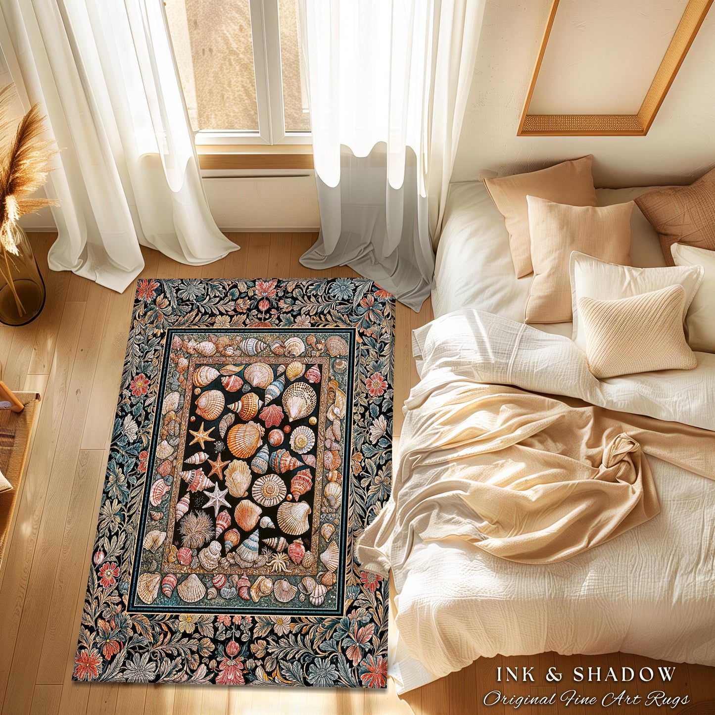 Whimsical Sea Shell Beachy Area Rug | Rustic Beach House Aesthetic Marine-Inspired Art Nautical Design Boho Decor Ocean Lore Coastal Accent