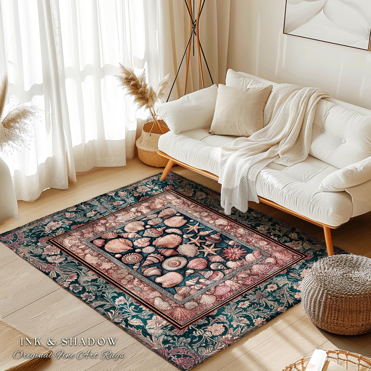 Ornate Sea Life Accent Rug | Victorian Ocean Design Classic Nautical Shell Illustration Coastal Decor Mermaidcore Boho Beach House Aesthetic