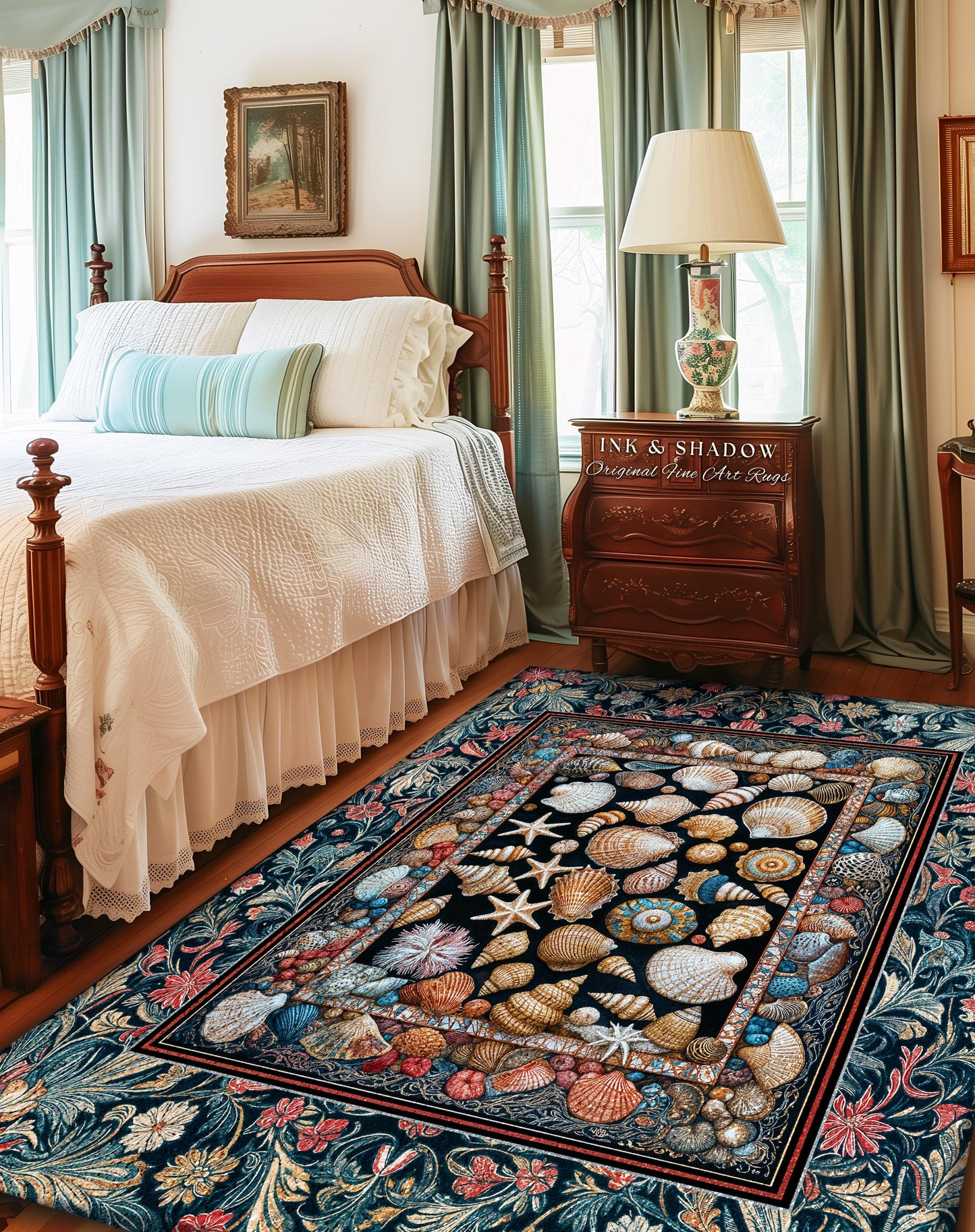 Coastal Curiosities Eclectic Accent Rug | Maximalist Ocean Art Seashell Mermaidcore Nautical Coquette Starfish Marine Aesthetic Bedroom |
