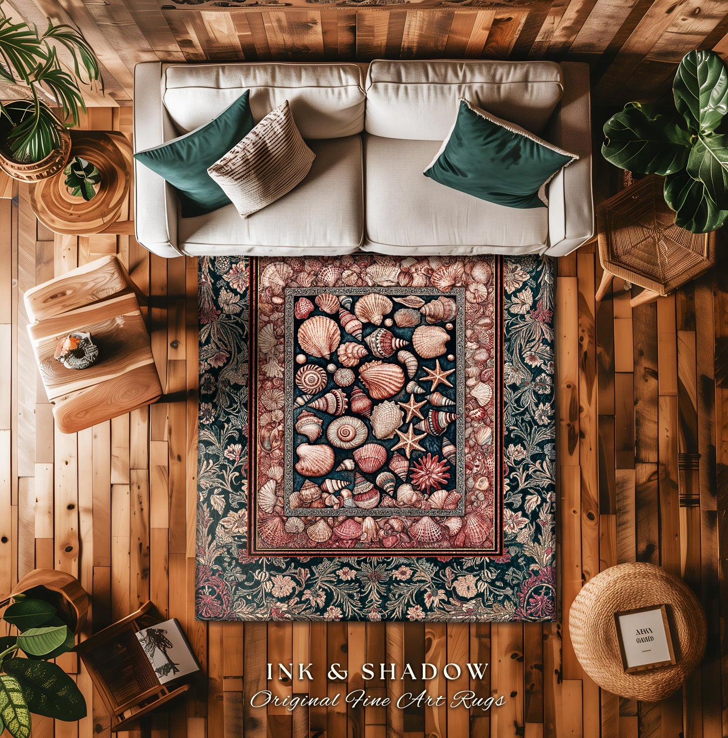 Ornate Sea Life Accent Rug | Victorian Ocean Design Classic Nautical Shell Illustration Coastal Decor Mermaidcore Boho Beach House Aesthetic