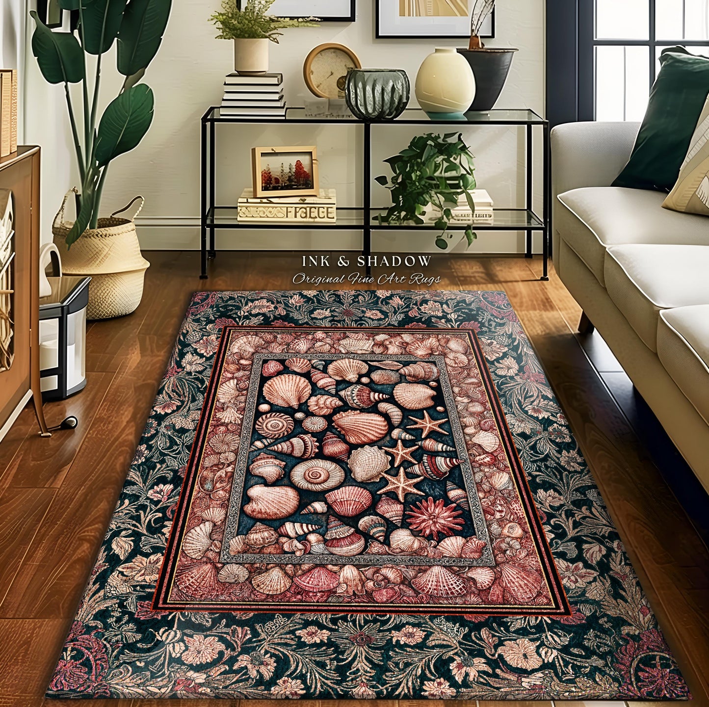 Ornate Sea Life Accent Rug | Victorian Ocean Design Classic Nautical Shell Illustration Coastal Decor Mermaidcore Boho Beach House Aesthetic