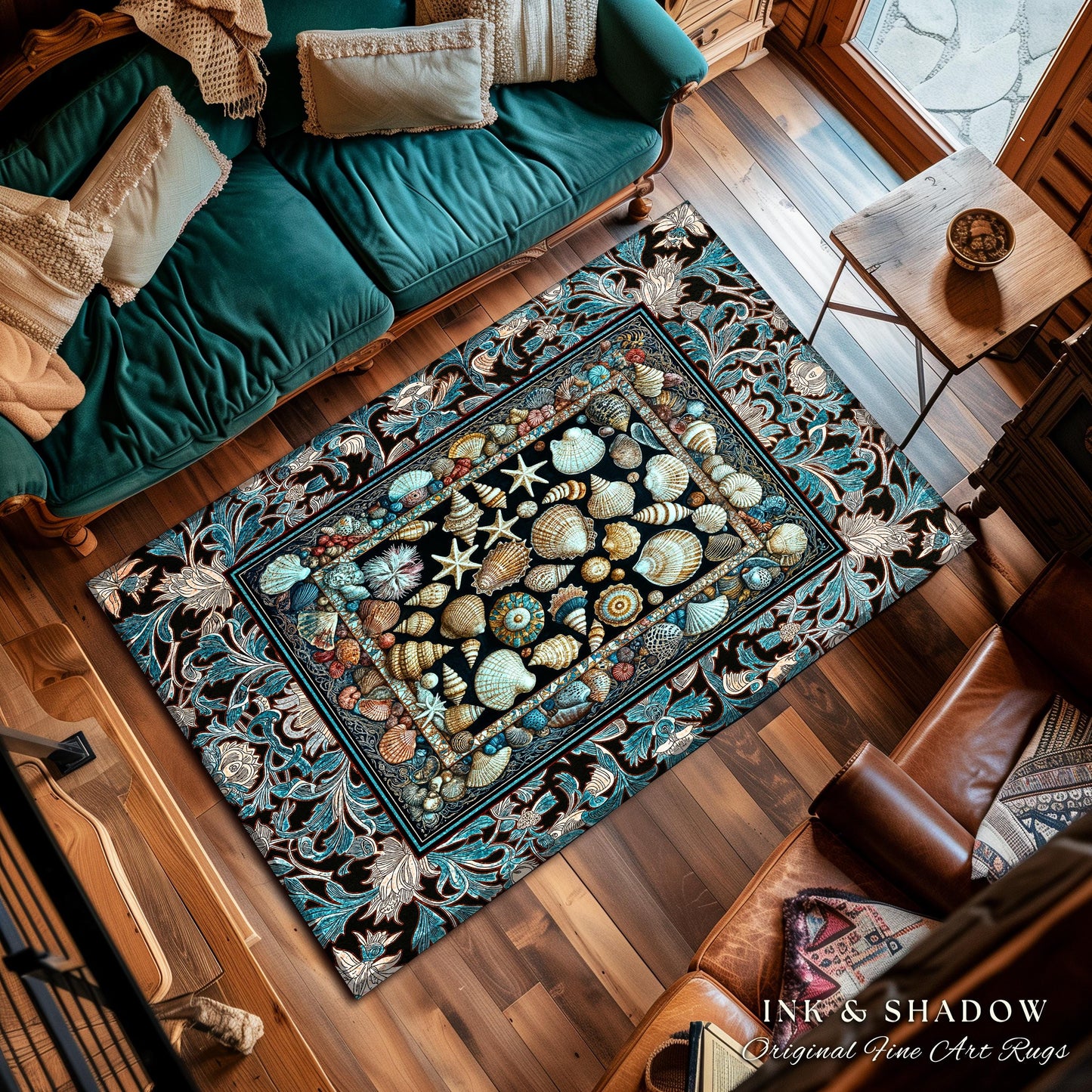 Ocean Theme Coastal Area Rug | Beachy Cottage Nautical Theme Seashell Art Vintage Mermaidcore Marine Life Bedroom Accent Rug Eclectic Decor