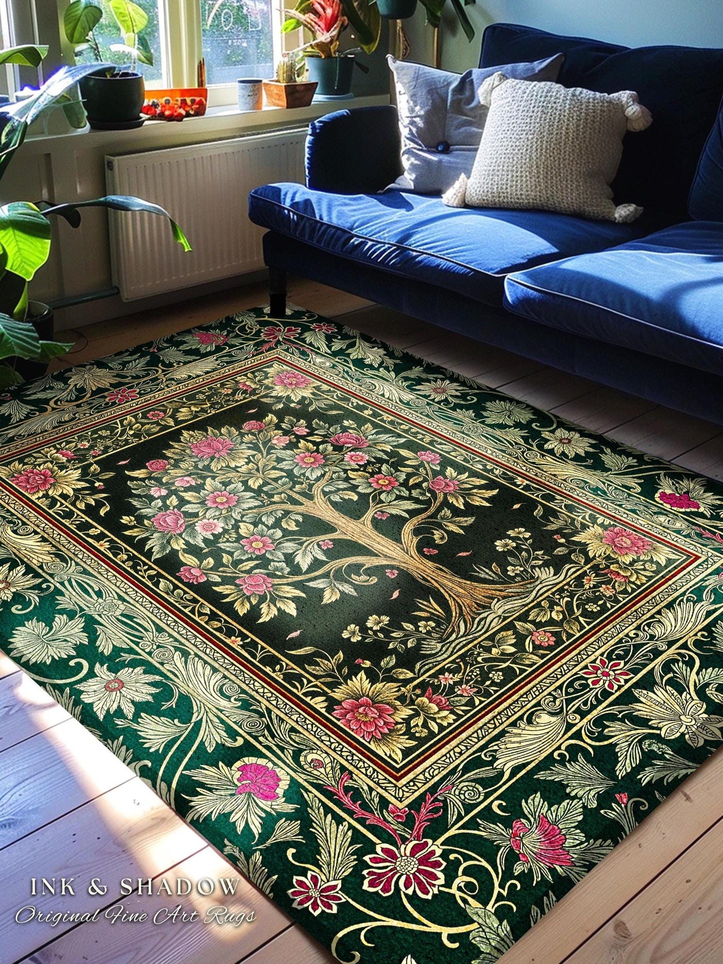 Rosy Botanical Rustic Tree Rug | Woodland Cottagecore Folklore Aesthetic Romantic Decor Vintage Fairycore Bedroom Accent Soft Aesthetic |