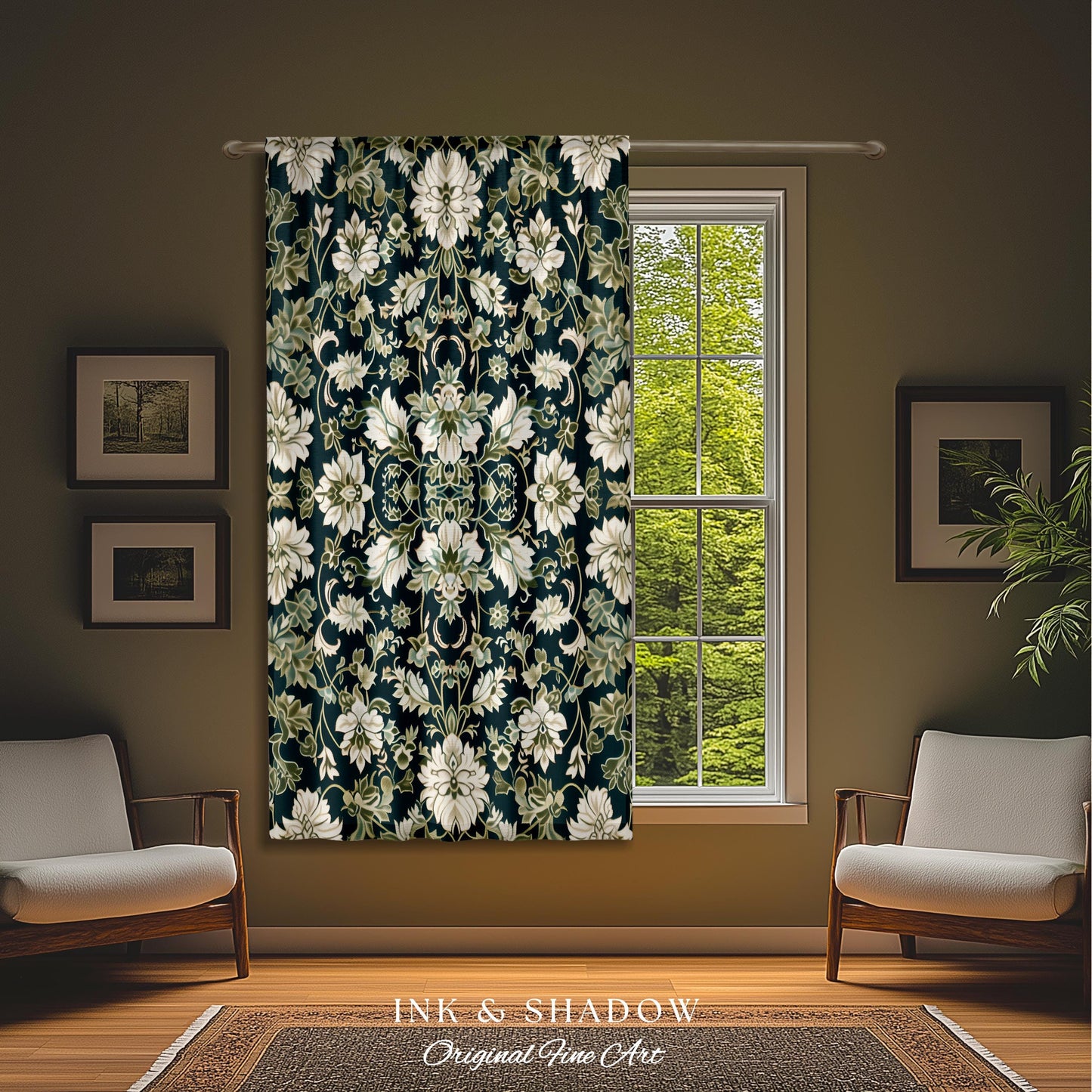 Regal Ornate Floral Aesthetic Curtains | Emerald Green Vintage Royal Drapes Rustic Home Decor Forestcore Housewarming Gift Bedroom Panel |