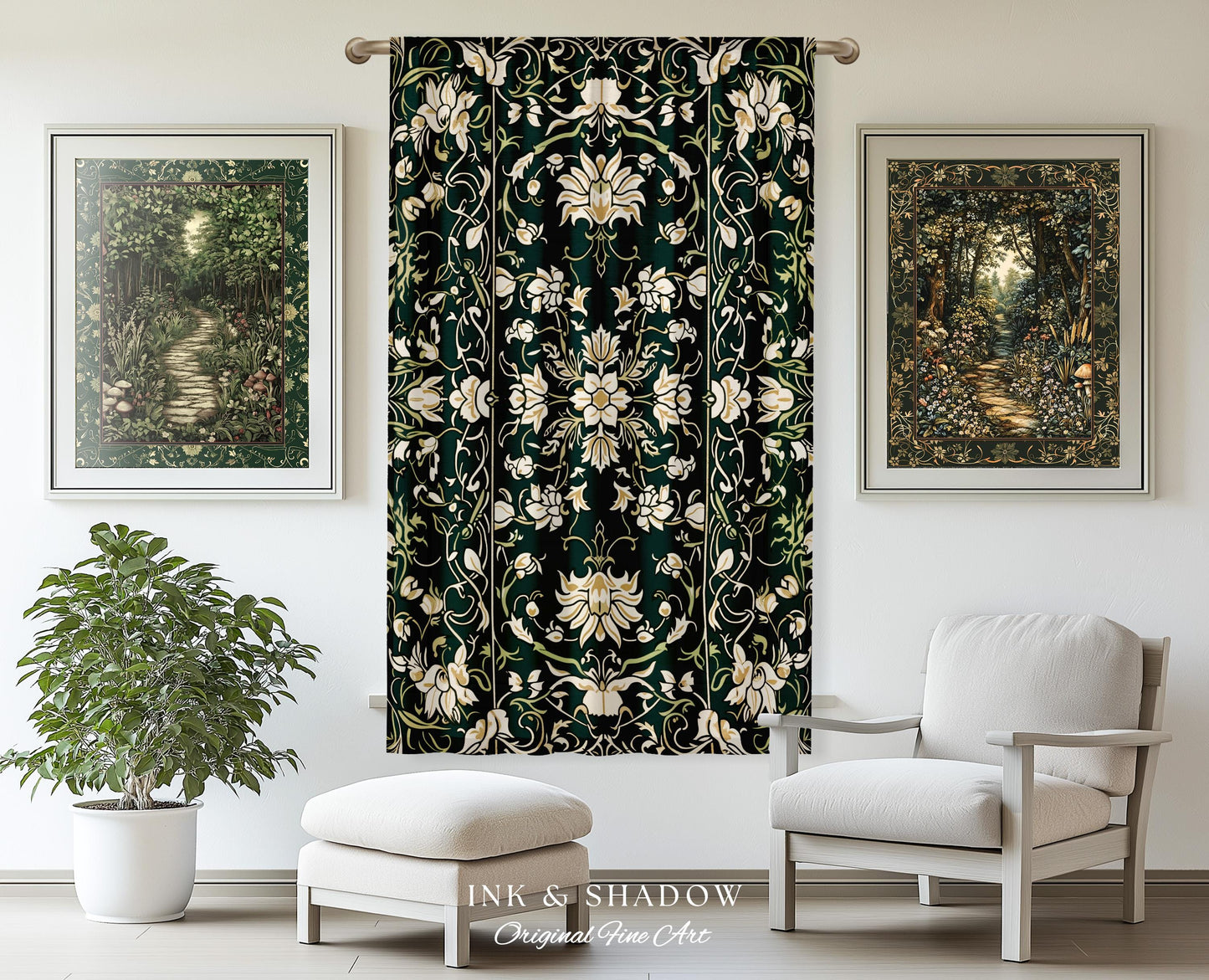 Renaissance Revival Forest Green Curtains | Gothic Art Nouveau Aesthetic Living Room Decor Cottagecore Ornate Maximalist Bedroom Drapes |