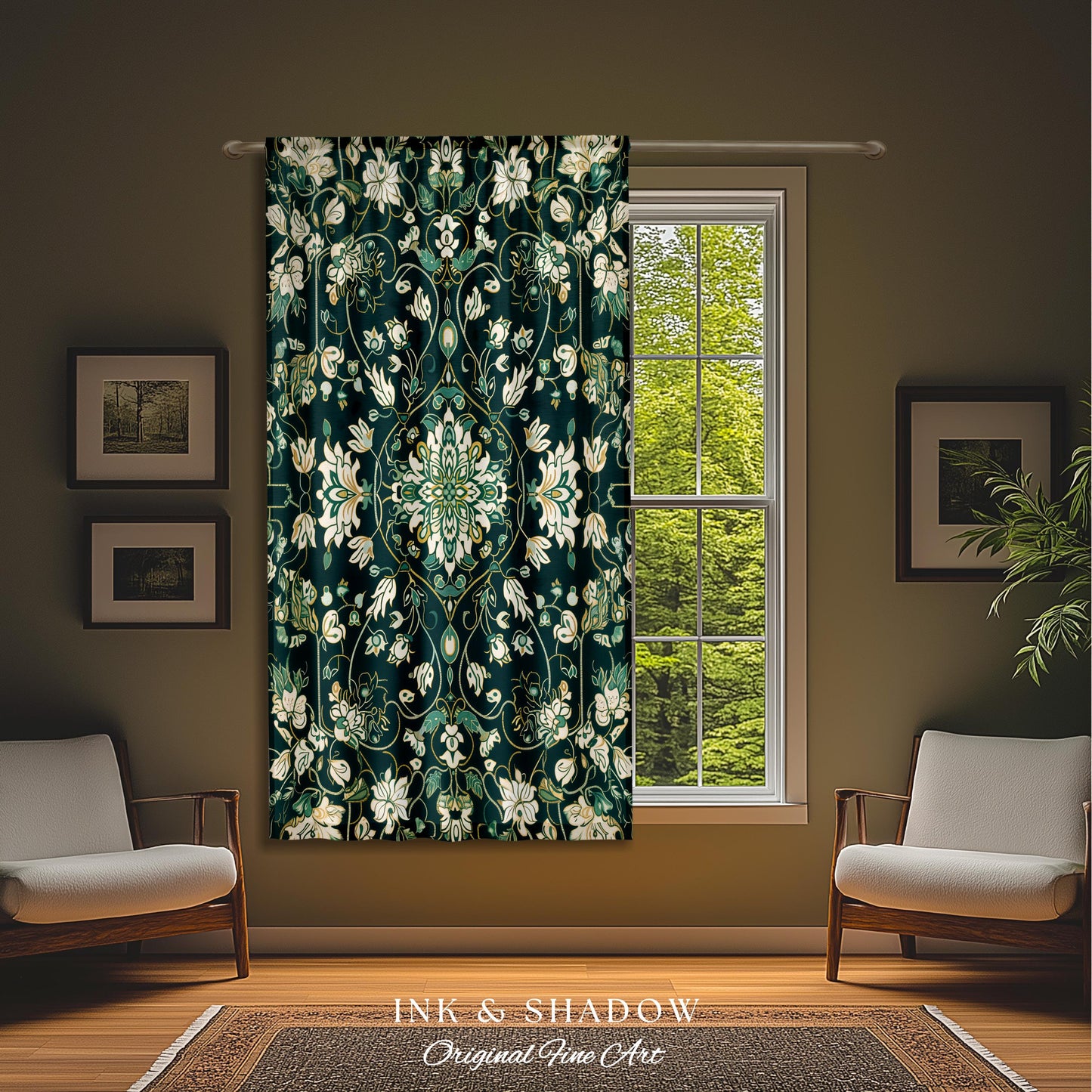 Deep Green Rococo Style Curtains | Soft Gothic Home Decor Art Deco Aesthetic Panel Renaissance Royalcore Elegance Bedroom Drapes Bohemian |