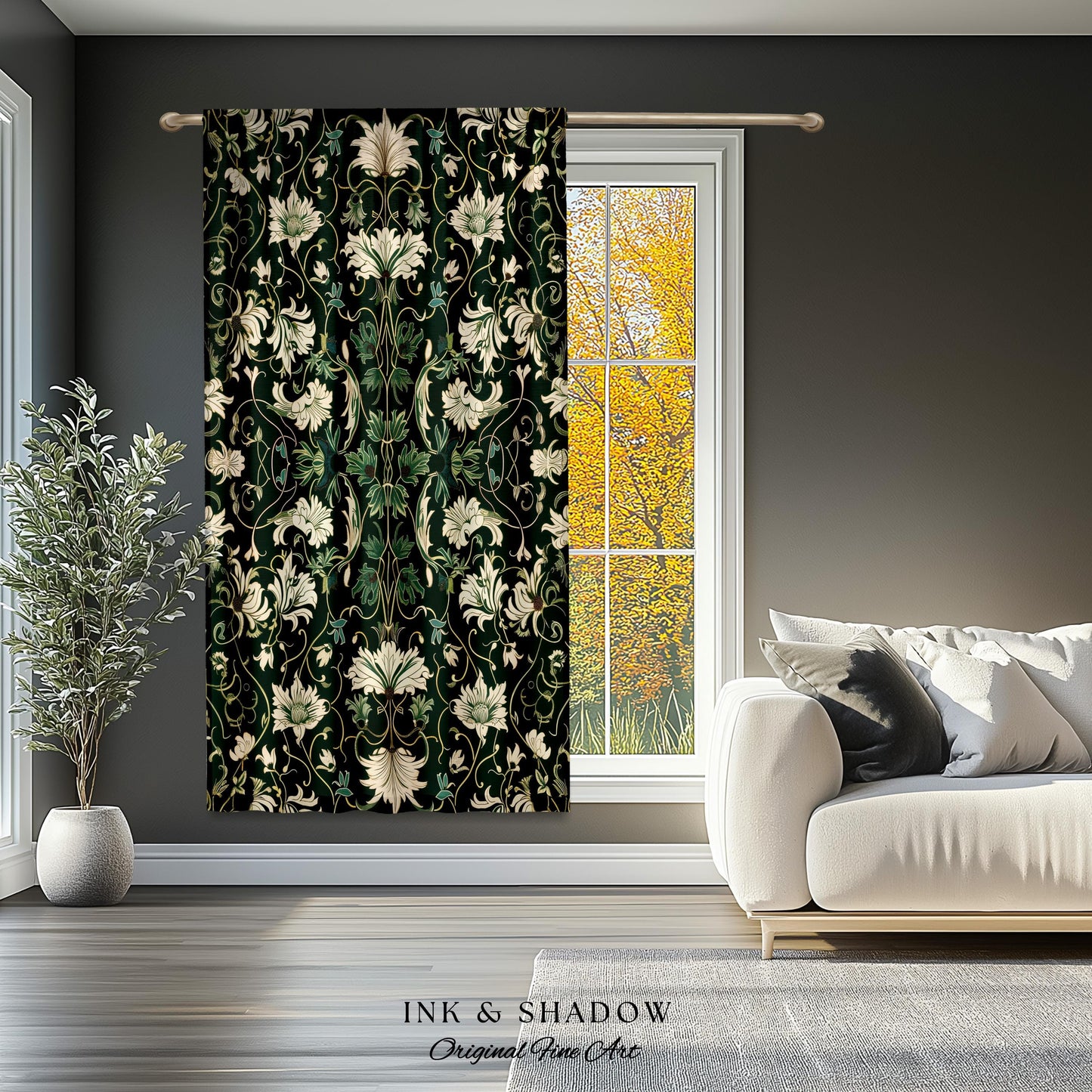 Art Nouveau Emerald Window Drapes | Dark Moss Toned Bedroom Panel Medieval Revival Rococo Renaissance Ethereal Room Accent Whimsical Theme |