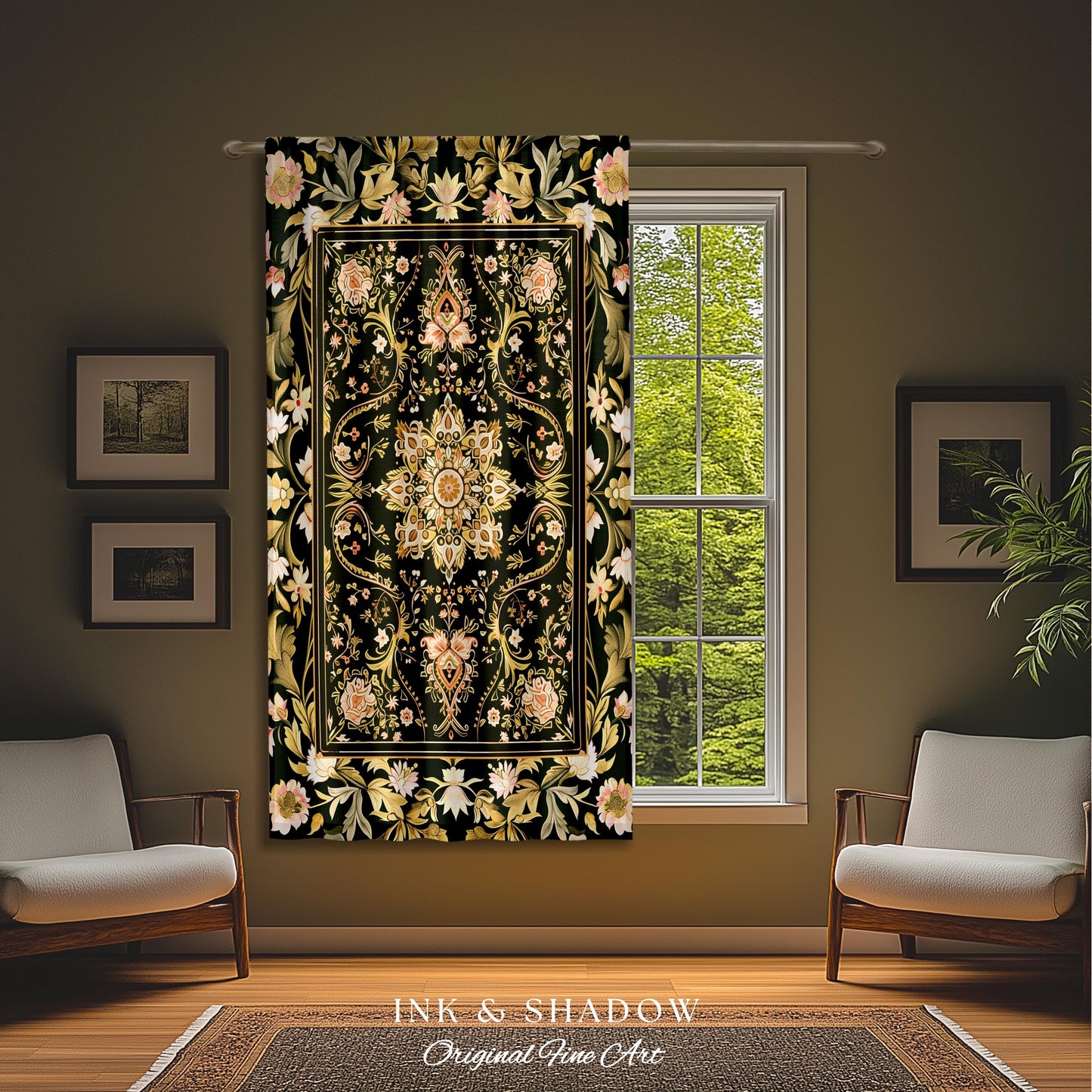 Pastel Botanicals Elegant Curtains | Bohemian Ornate Cottagecore Baroque Home Drapes Whimsical Bohemian Classic Floral Elegance Art Deco |