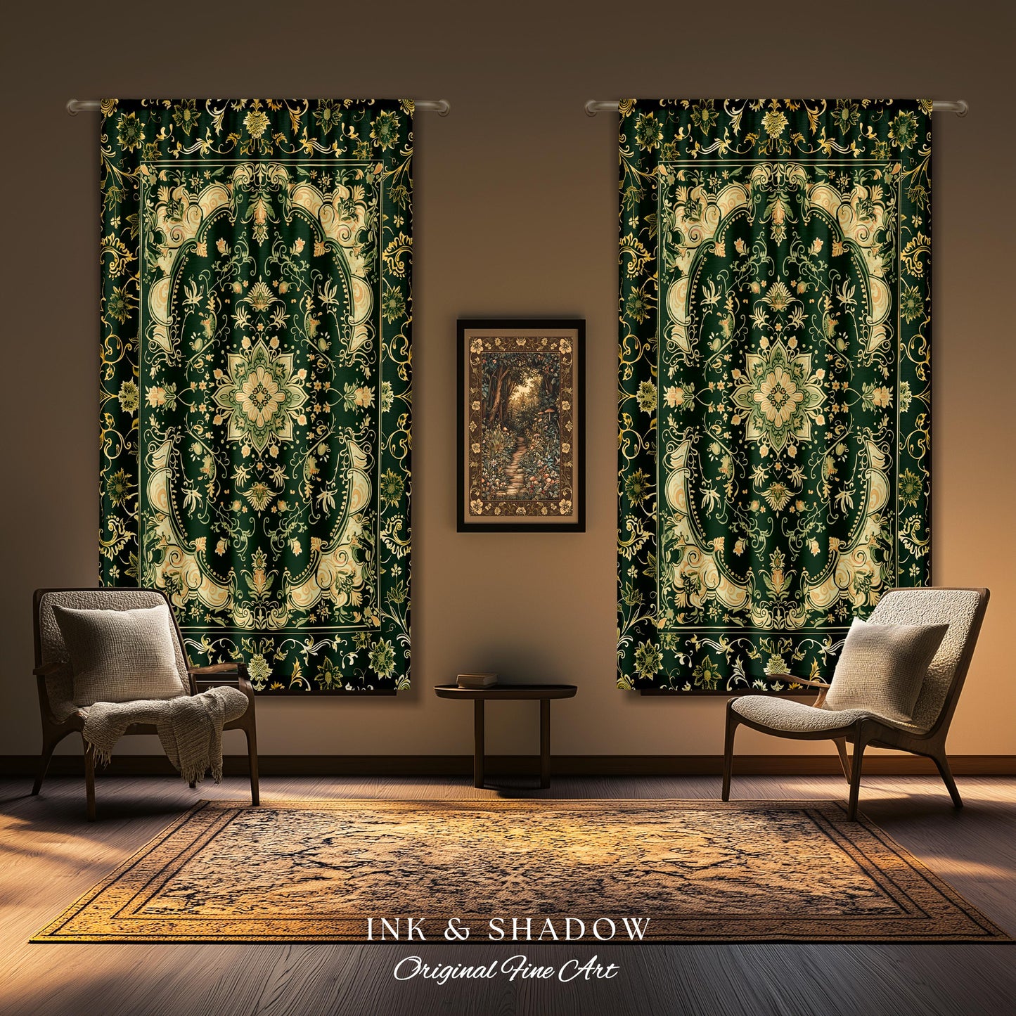 Gothic Baroque Emerald Curtain Panels | Enchanted Cottagecore Aesthetic Romantic Interior Style Soft Gothic Decor Baroque-Inspired Drapes |
