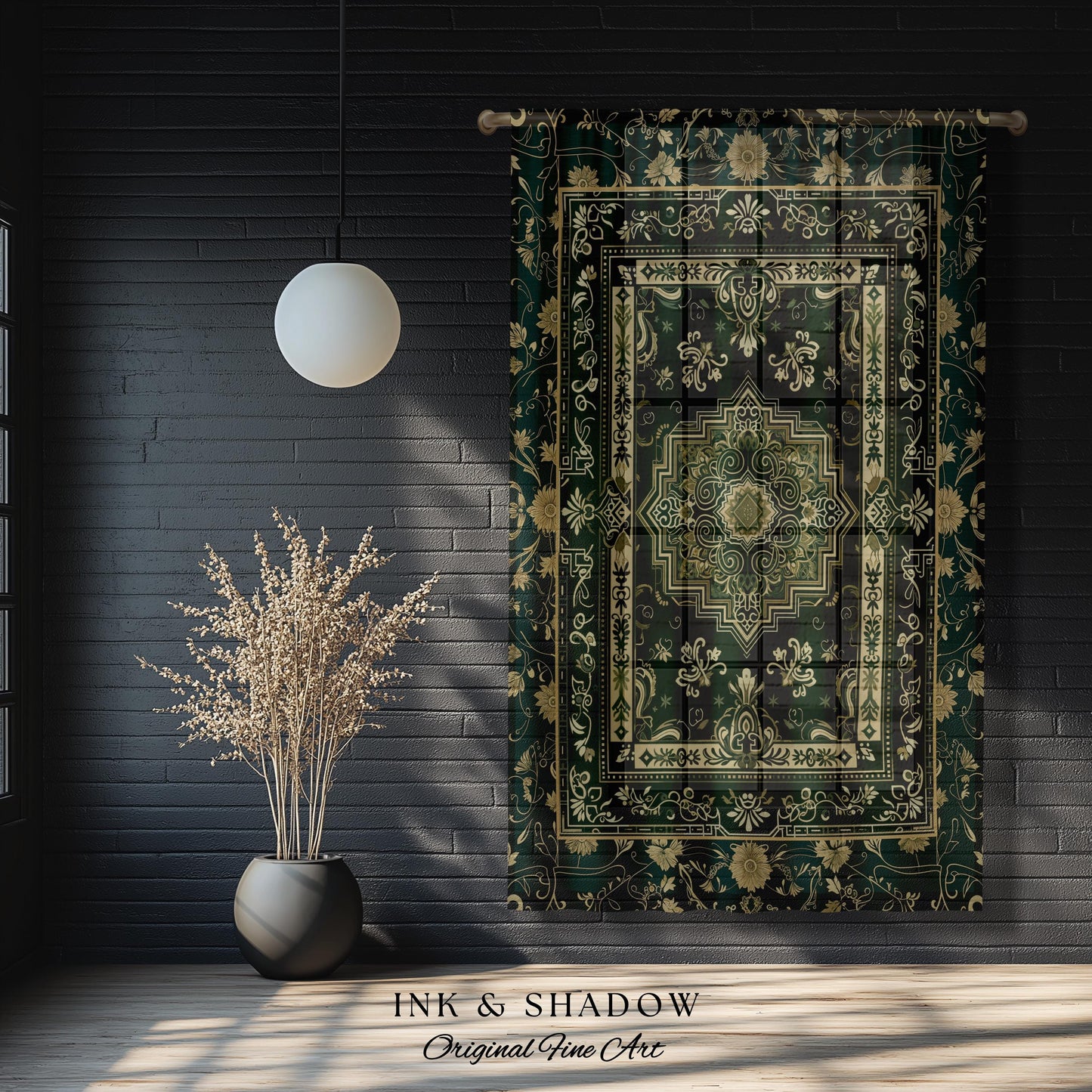 Gothic Maximalist Accent Curtain | Forest Green Window Drapes Ornate With Blue Green Detail Cottagecore Victorian Gothic Aesthetic Dark Teal