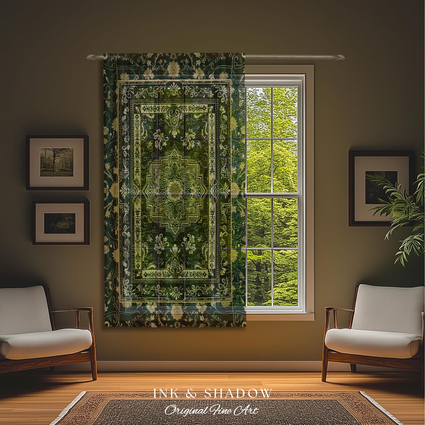 Gothic Maximalist Accent Curtain | Forest Green Window Drapes Ornate With Blue Green Detail Cottagecore Victorian Gothic Aesthetic Dark Teal