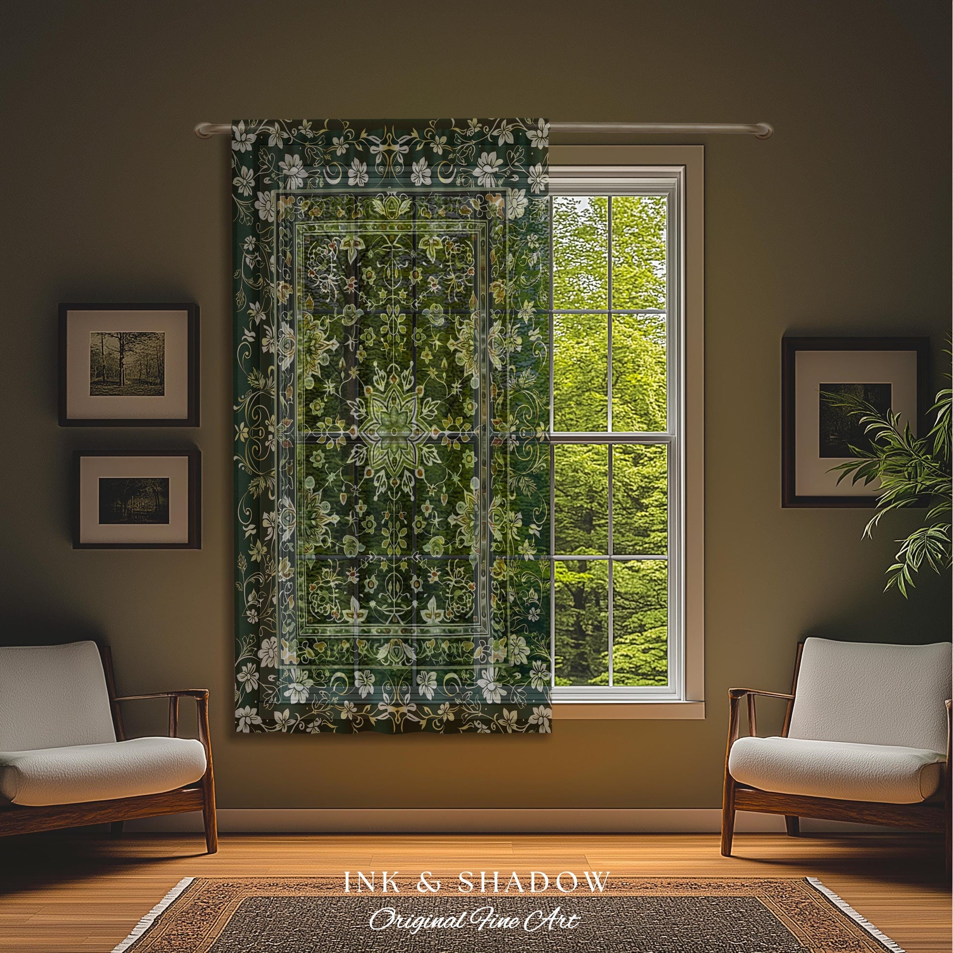 Moody Emerald Green Curtains | Persian Green Window Drapes Ornate with Blue Green Detail Dark Academia Victorian Gothic Aesthetic Dark Teal