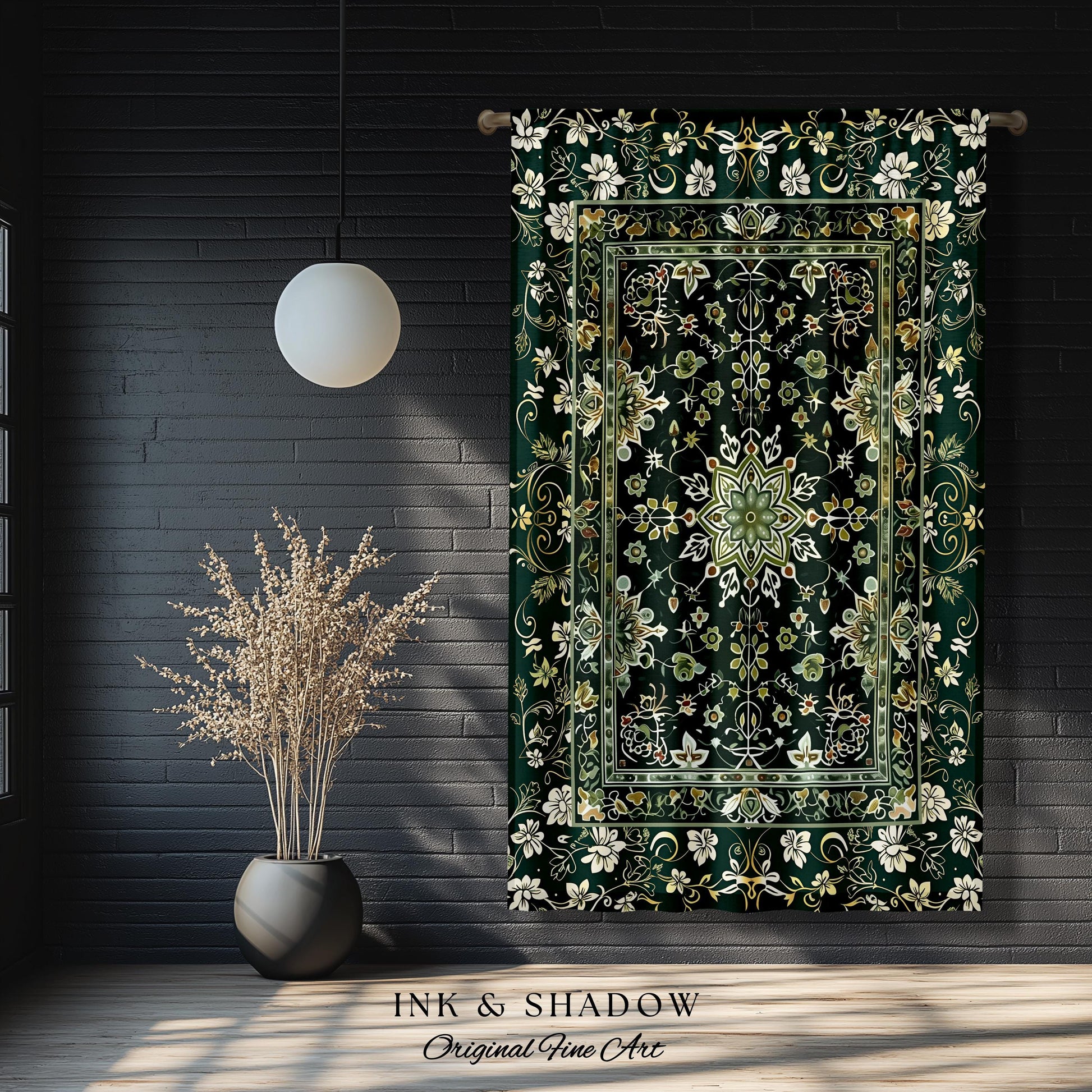 Moody Emerald Green Curtains | Persian Green Window Drapes Ornate with Blue Green Detail Dark Academia Victorian Gothic Aesthetic Dark Teal