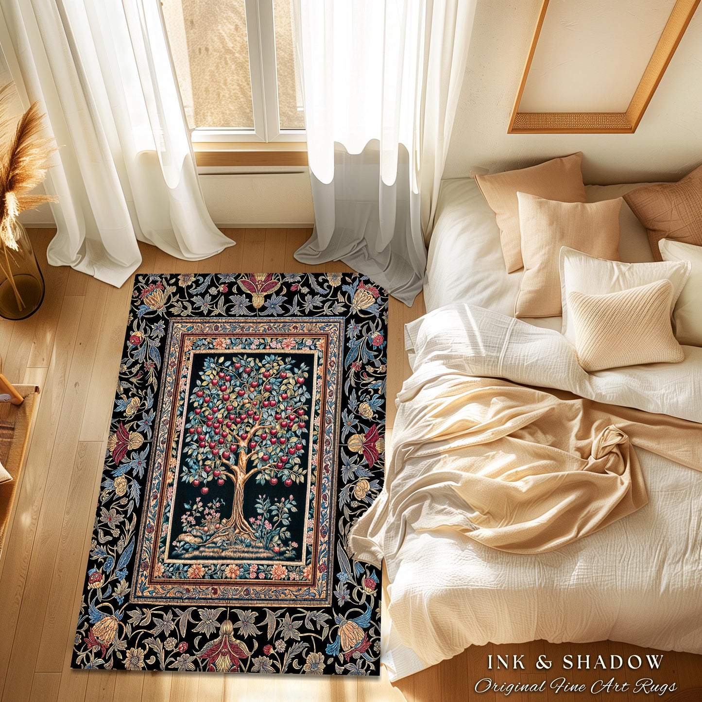 Medieval Cherry Tree of Life Area Rug | Baroque Botanical Pattern Romantic Gothic Style Vintage Garden Fruit Accent Maximalist Home Decor