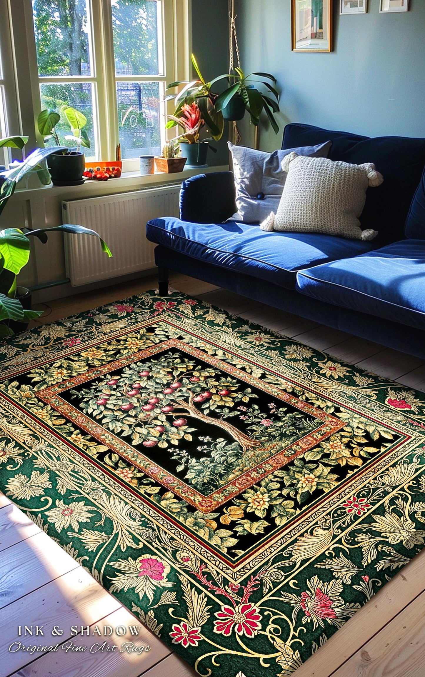 Storybook Gothic Cherry Tree Rug | Romantic Woodland Botanical Fruit Design Ornate Floral Tapestry Baroque Garden Accent Medieval Home Decor