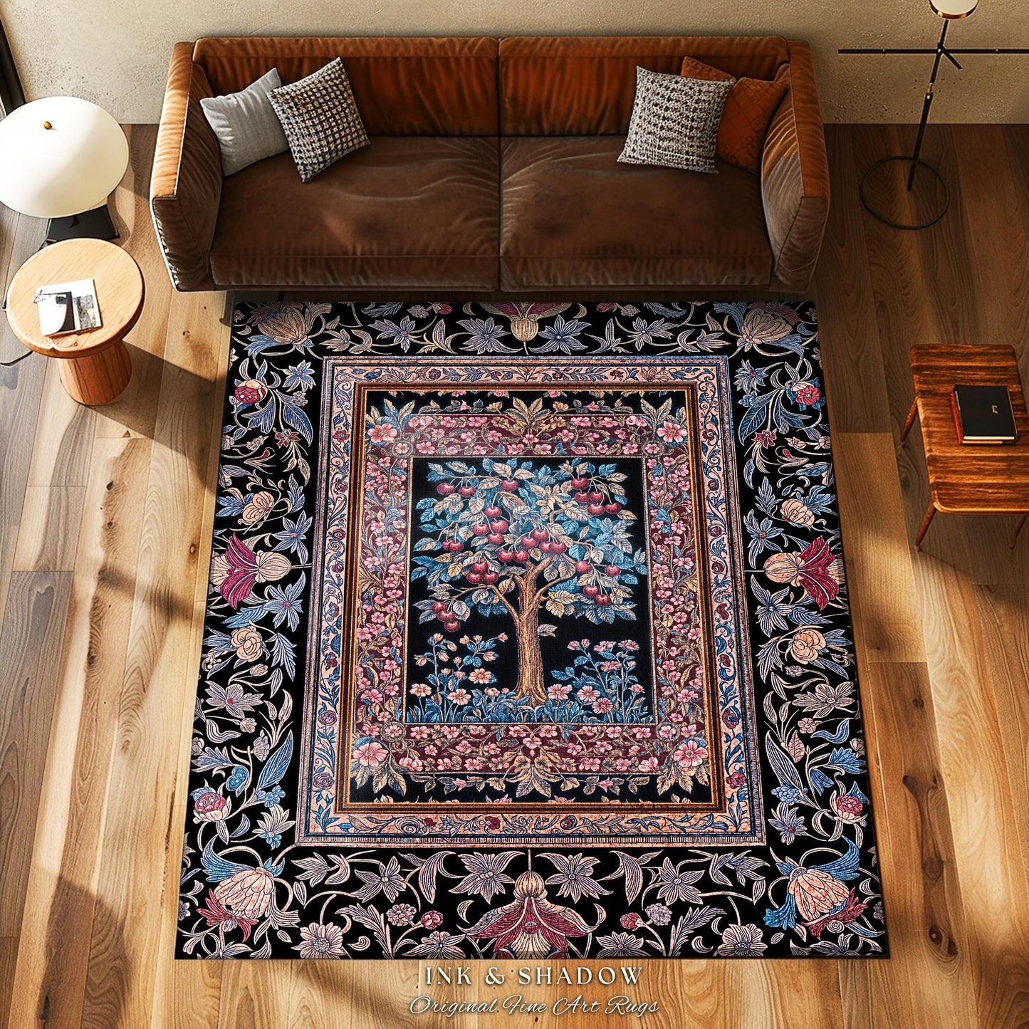 Mystical Dark Academia Tree of Life Area Rug | Moody Garden Jewel Tone Home Decor Baroque Botanical Style Dark Cottagecore Floral Accent |