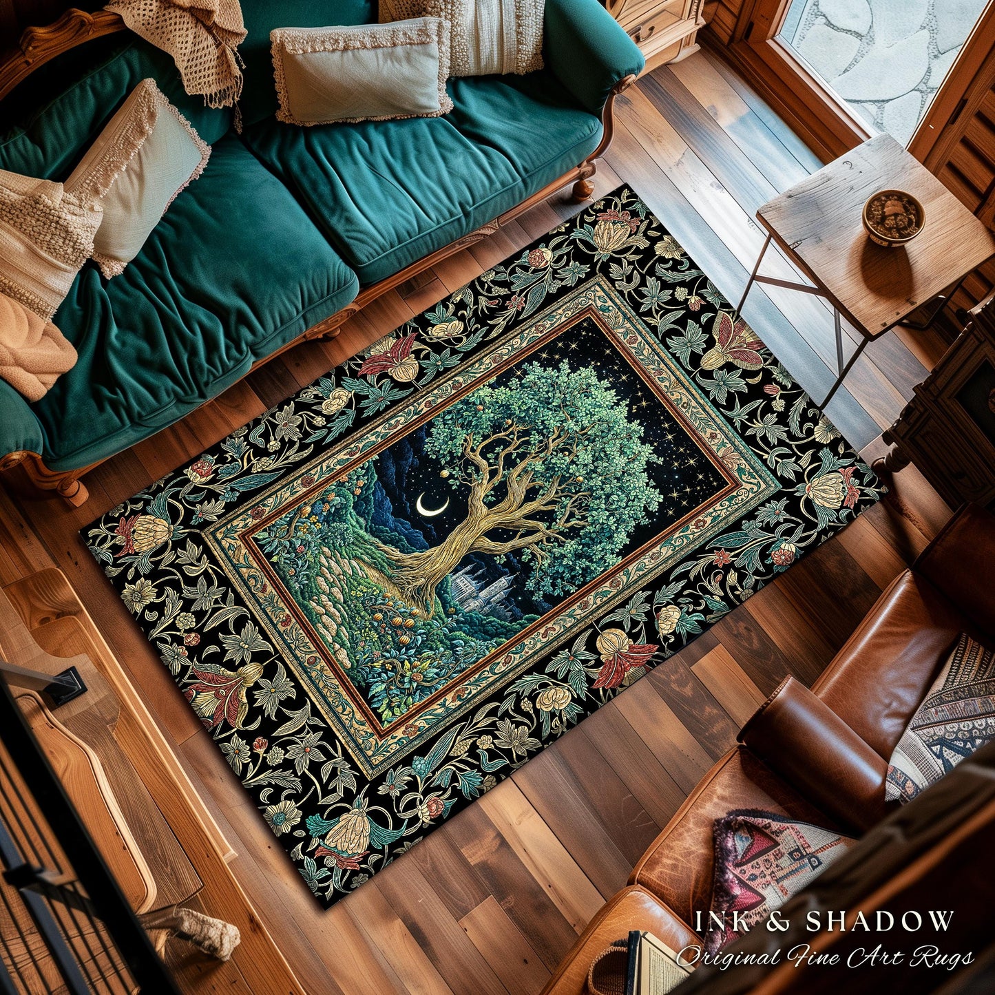 Fantasy Castle Tree of Life Area Rug | Celestial Moon Decor Star Garden Design Folklore Inspired Rug Enchanted Forest Medieval Home Style