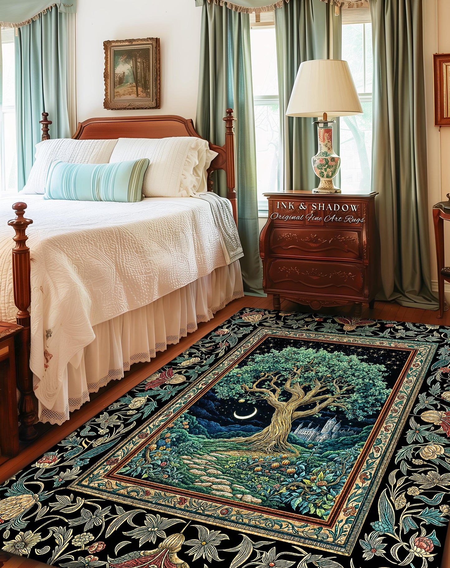 Fantasy Castle Tree of Life Area Rug | Celestial Moon Decor Star Garden Design Folklore Inspired Rug Enchanted Forest Medieval Home Style