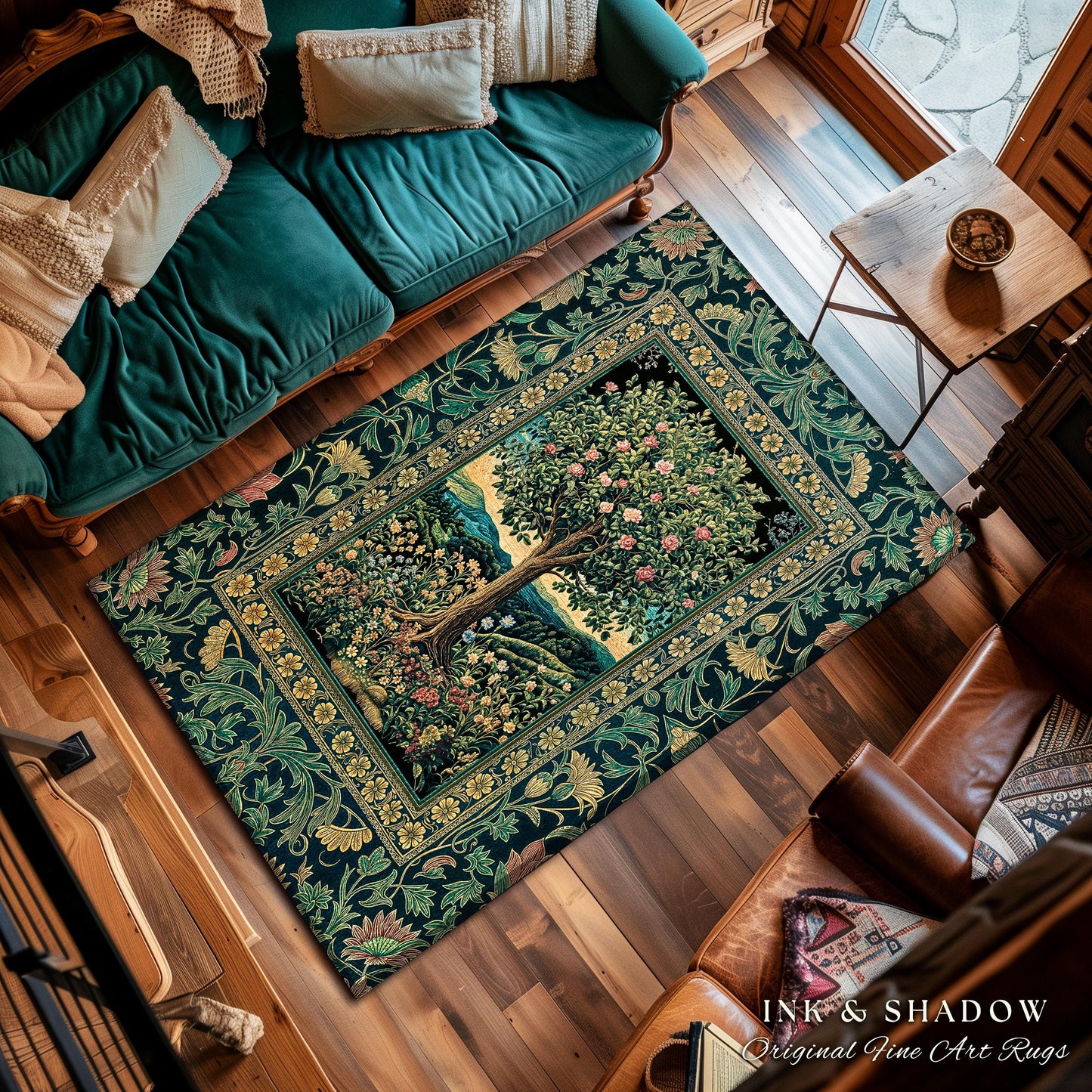 Countryside Sunset Tree of Life Rug | Elegant Floral Landscape Wildflower Decor Nature Inspired Cottagecore Home Accent Rug Storybook Vibe |