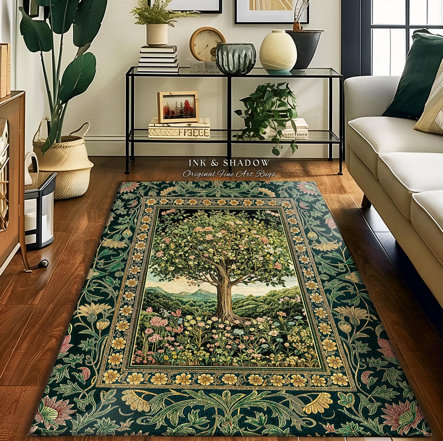 Pastoral Wildflower Garden Tree Area Rug | Floral Mountain Decor Romantic Landscape Home Accent Botanical Nature Rug Romantic Cottagecore |
