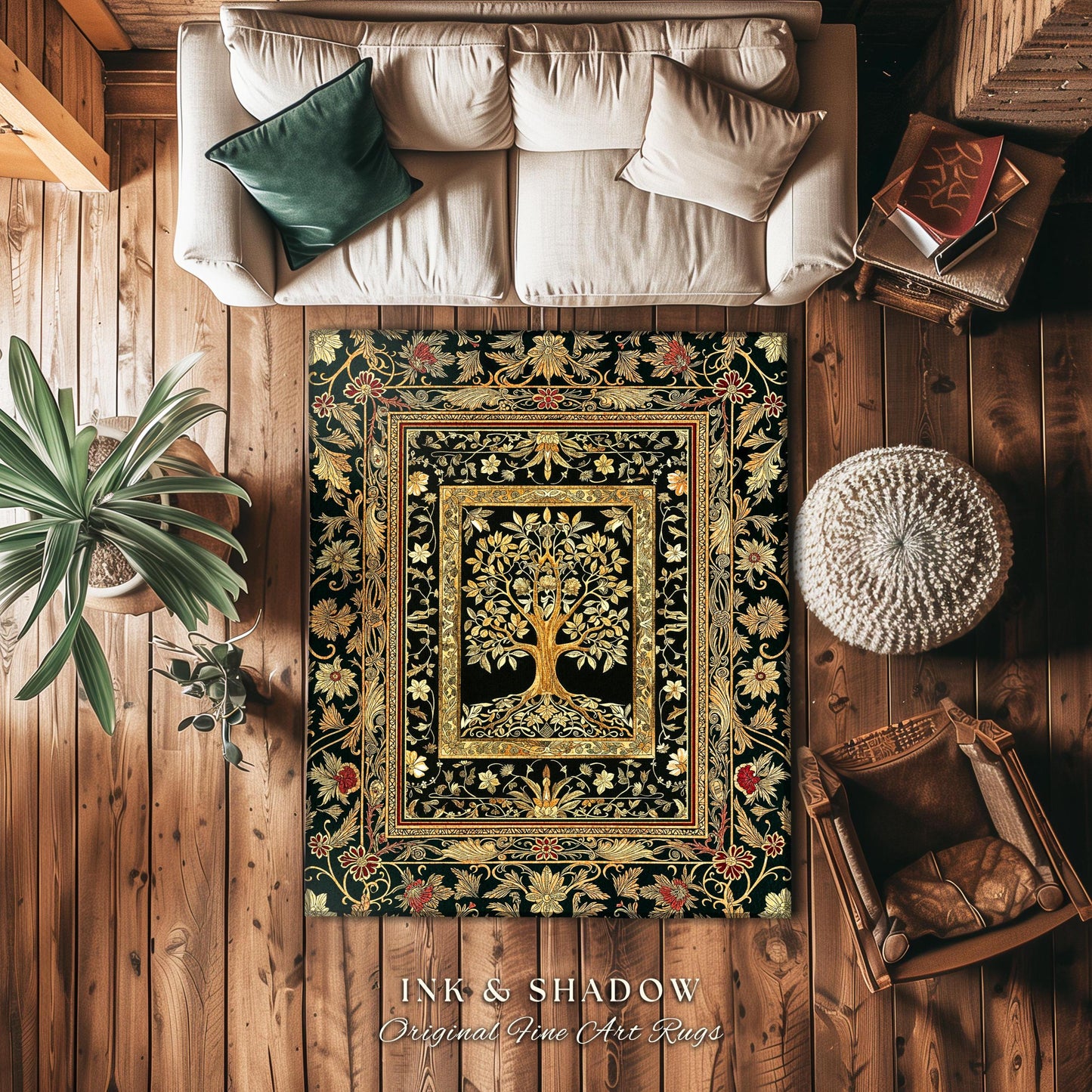 Regal Golden Tree of Life Accent Rug | Gilt Border Ornate Medieval Design Folklore Style Woodland Decor Maximalist Area Rug Nordic Aesthetic