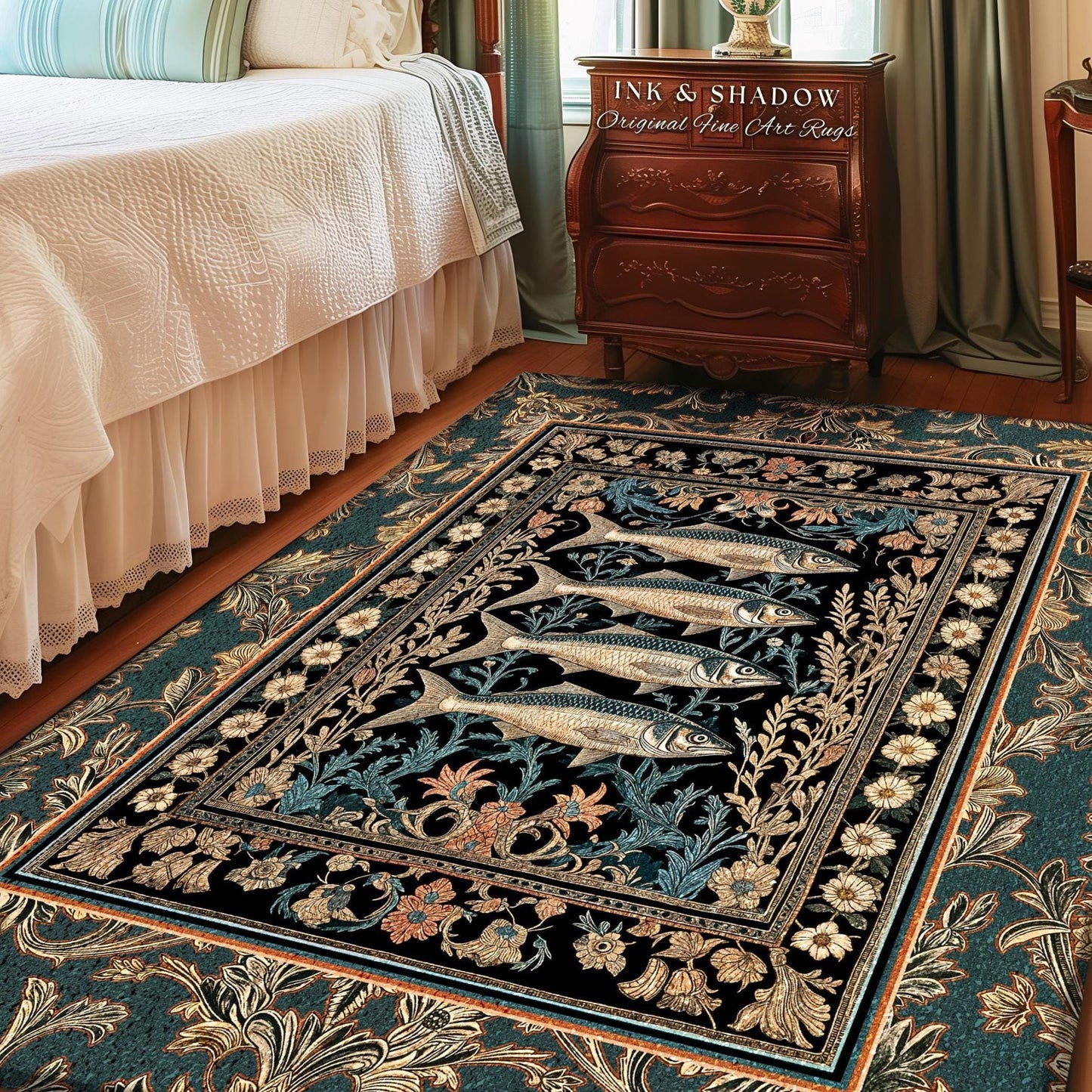 Rustic Nautical Eclectic Accent Rug | Sardine Art Throw Marine Life Decor Coastal Bedroom Area Rug Ocean Scene Ethereal Ornate Cottagecore