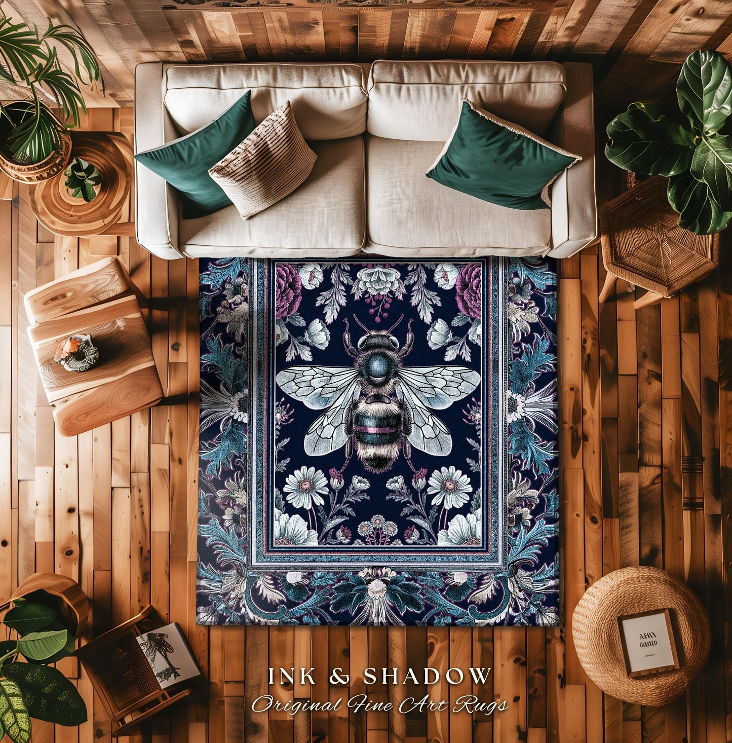 Bohemian Botanical Bee Rug Dark Floral Whimsigothic Art Mystic Decor | Eclectic Boho Chic Wildflower Witchy Cottagecore Moody Nature Accent