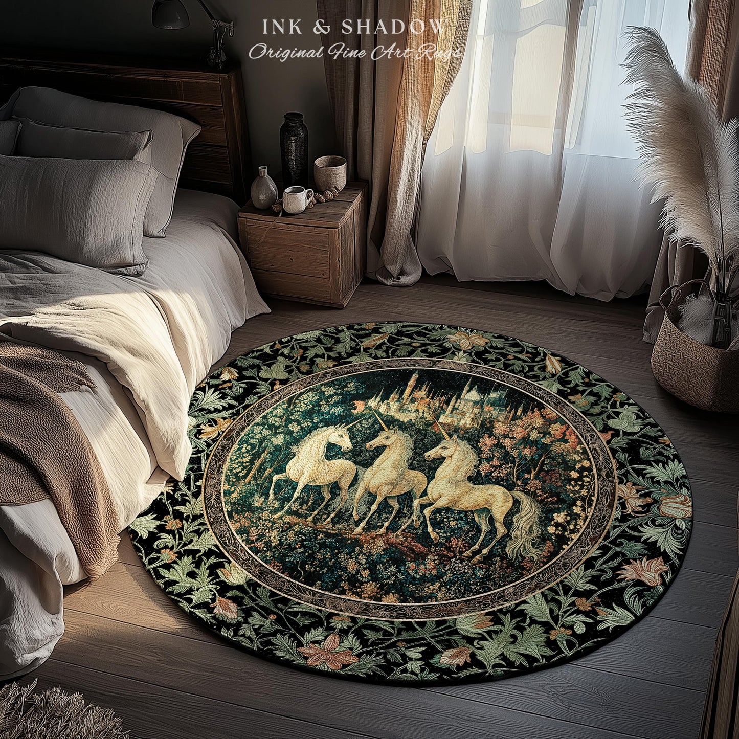 Mystic Academia Unicorn Area Rug | Dark Victorian Gothic Floral Landscape Magical Elegance Aesthetic Accent Rug Storybook Fairytale Artwork