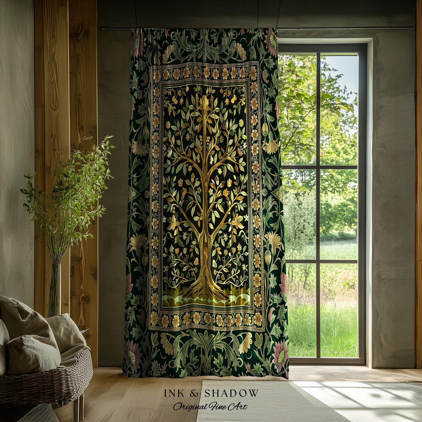 Golden Aesthetic Tree of Life Curtains | Emerald Botanical Decor Romantic Folklore Gothic Tapestry Style Vintage Floral Maximalist Drapes |