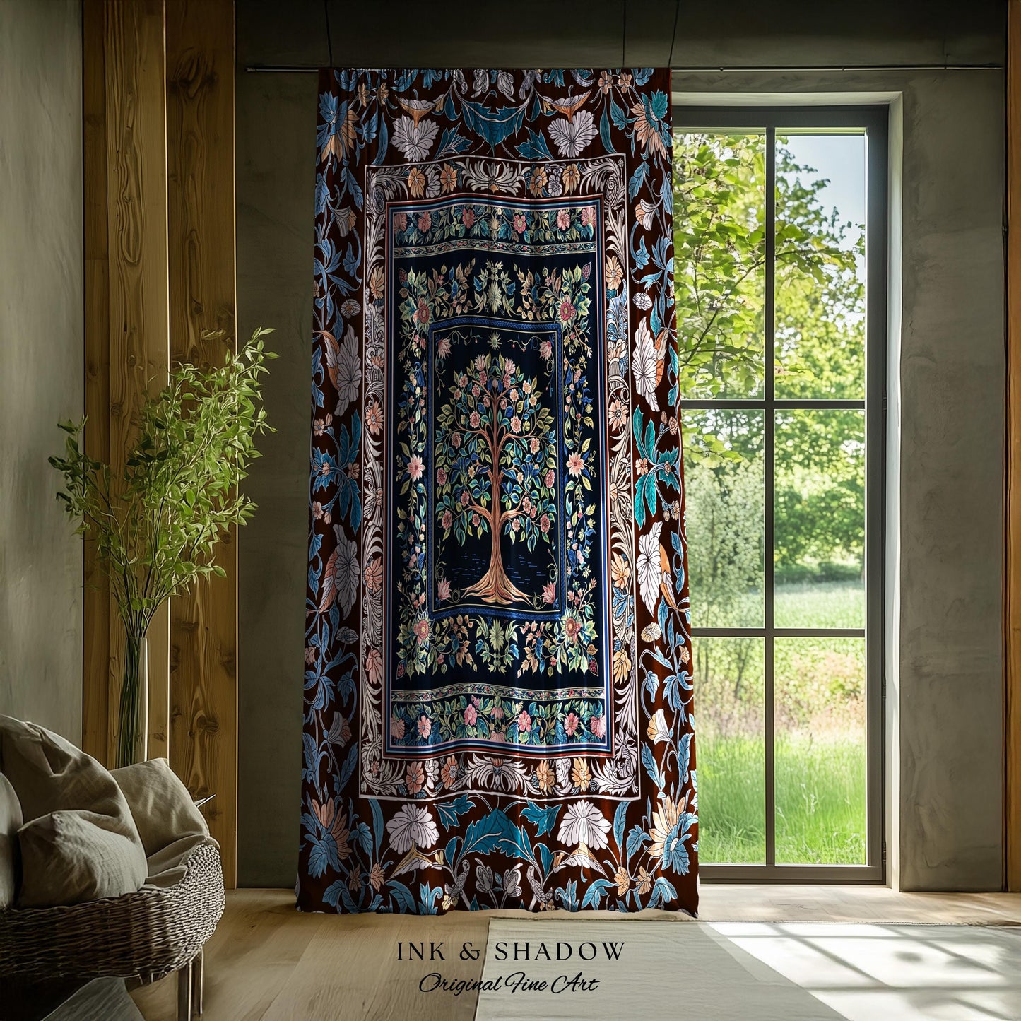 Ornate Grove Tree of Life Curtain | Lush Floral Detailing Heirloom Tapestry Drapes Baroque Nature Theme Cottagecore Living Room Decor Accent