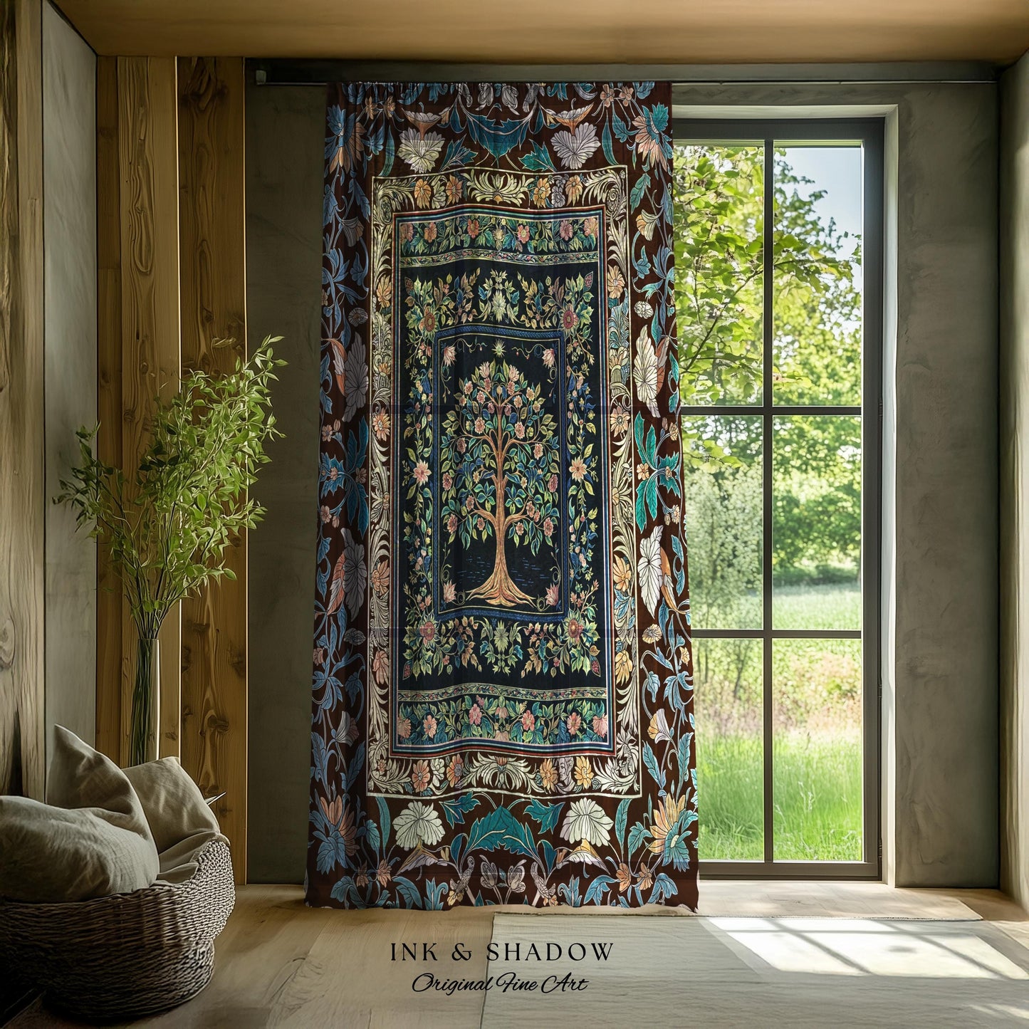Ornate Grove Tree of Life Curtain | Lush Floral Detailing Heirloom Tapestry Drapes Baroque Nature Theme Cottagecore Living Room Decor Accent