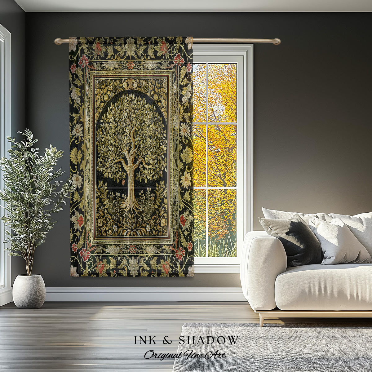 Tree of Life Fairytale Inspired Drapes | Celestial Folk Art Decor Cottagecore Folklore Style Curtains Housewarming Gift Cozy Bedroom Accent
