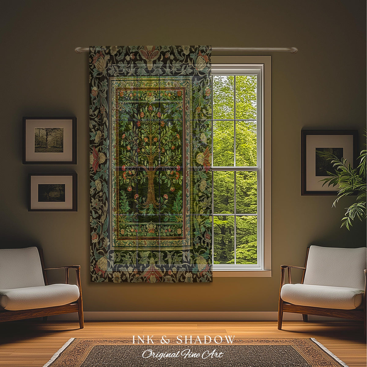 Medieval Folk Art Dark Floral Curtain | Ornate Tree of Life Morris Style Fairytale Folklore Cottagecore Botanical Drapes Decor Jewel Tones |