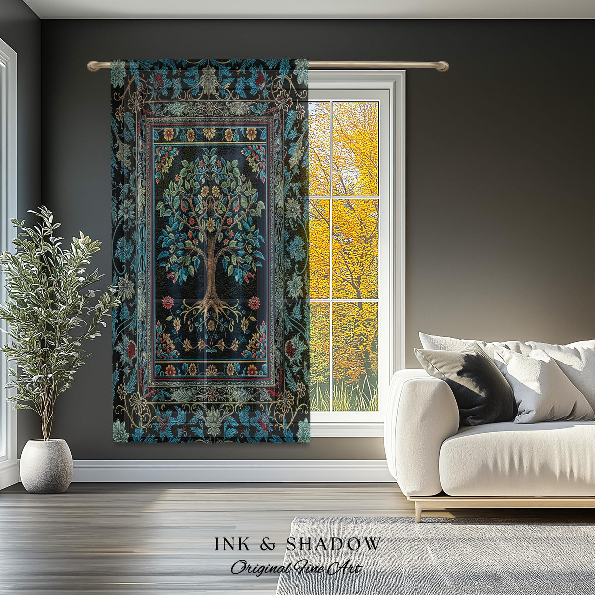 Moody Gothic Blues Tree of Life Curtain | Mystical Garden Theme Vintage Floral Decor Romantic Folk Art Forestcore Maximalist Bedroom Drapes